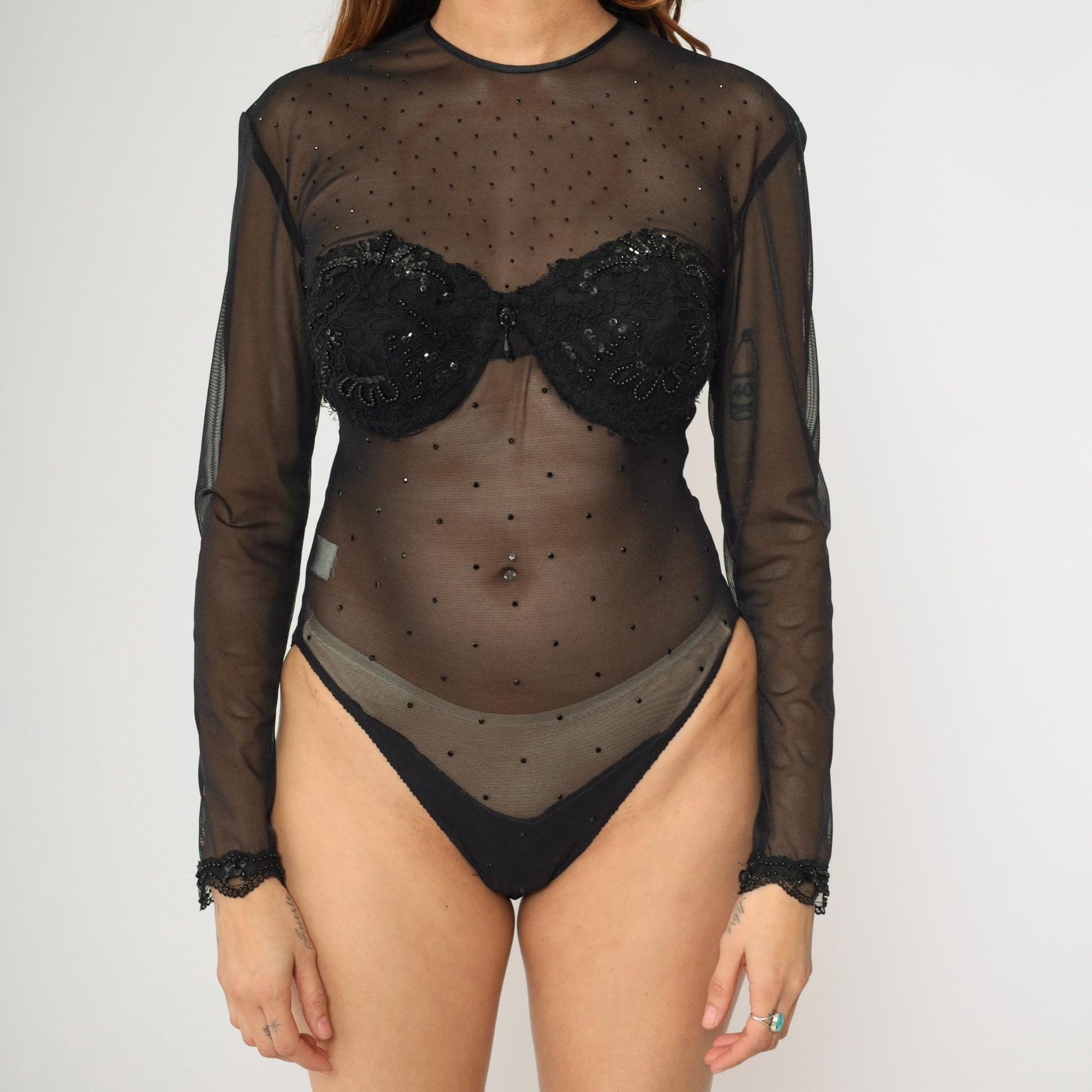 90s Black Mesh Sequin Bustier Bodysuit Long Sleeve High Cut Large