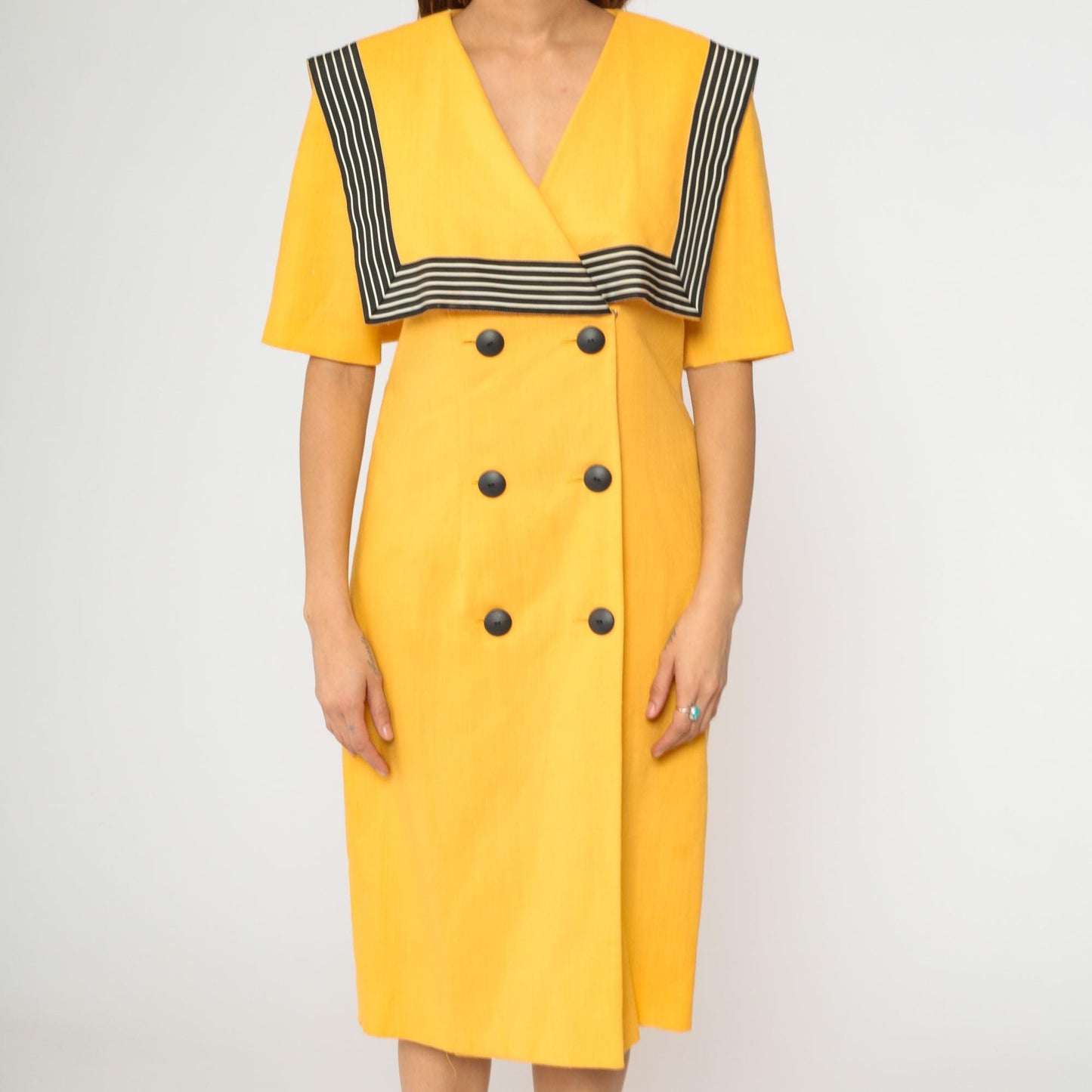 80s Yellow Sailor Collar Midi Dress Double Breasted Black Striped Medium