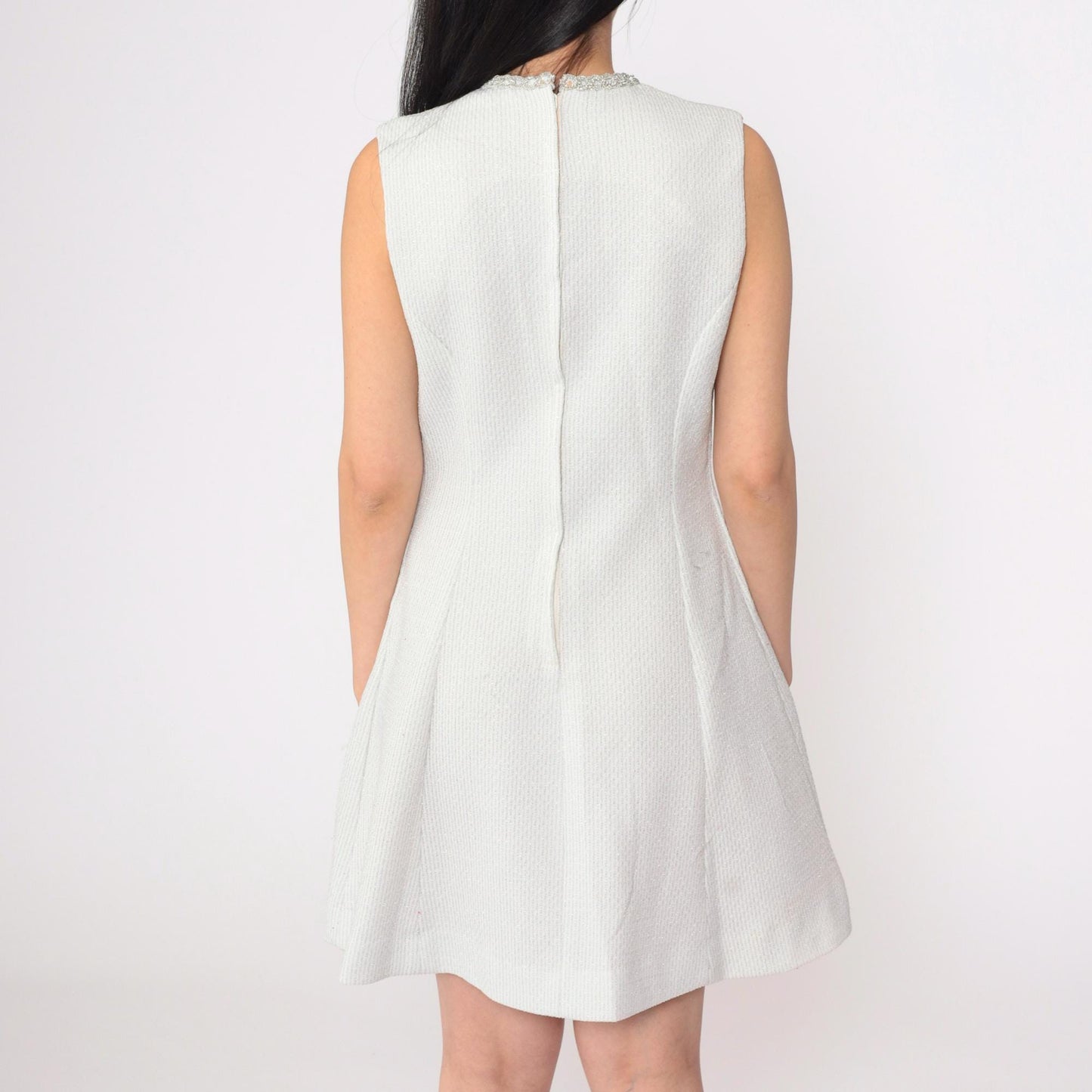 60s Vicky Vaughn Silver Checkered Mini Dress Sleeveless A-Line White Small