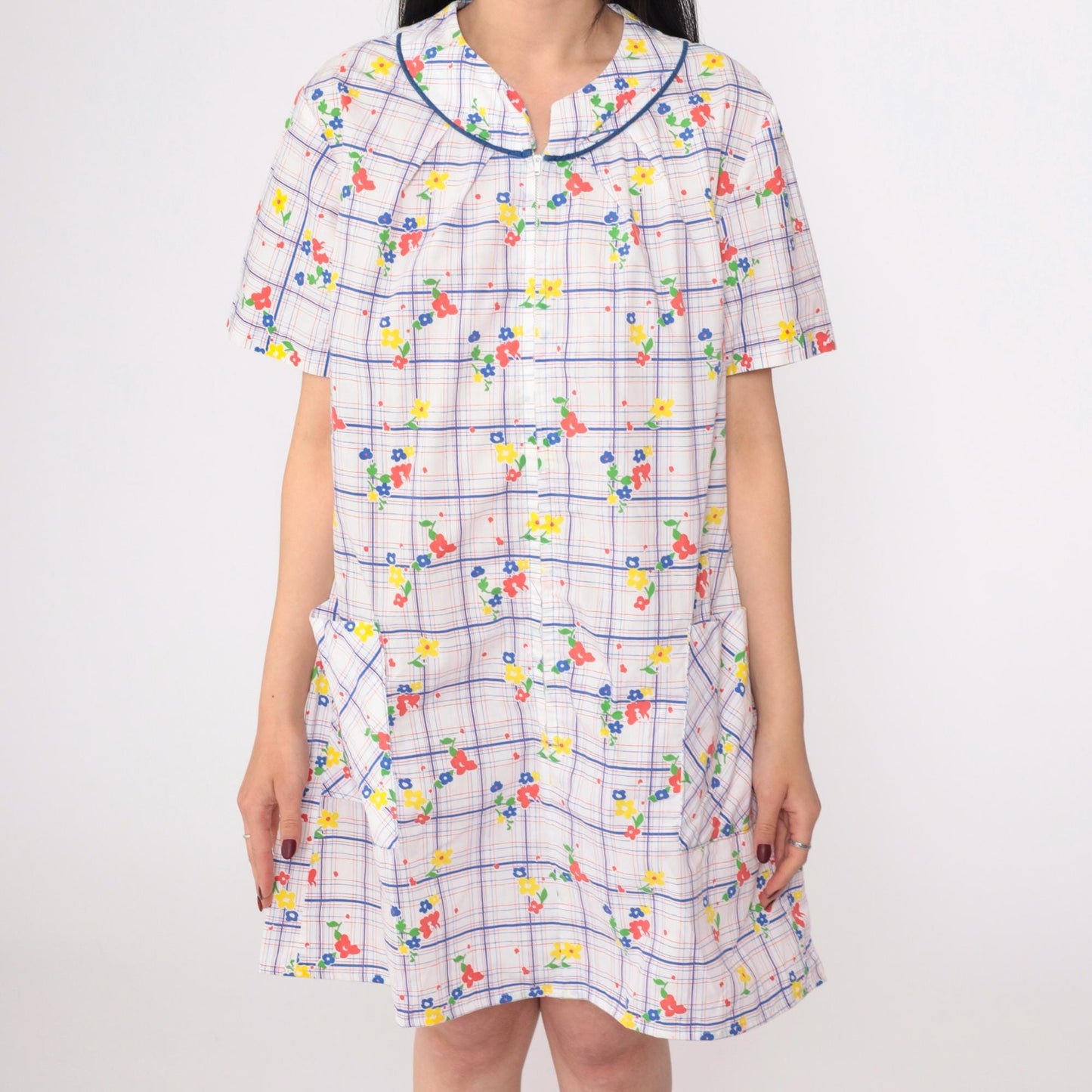 70s White Floral Shift Dress Mini Length Front Zip Pockets Large