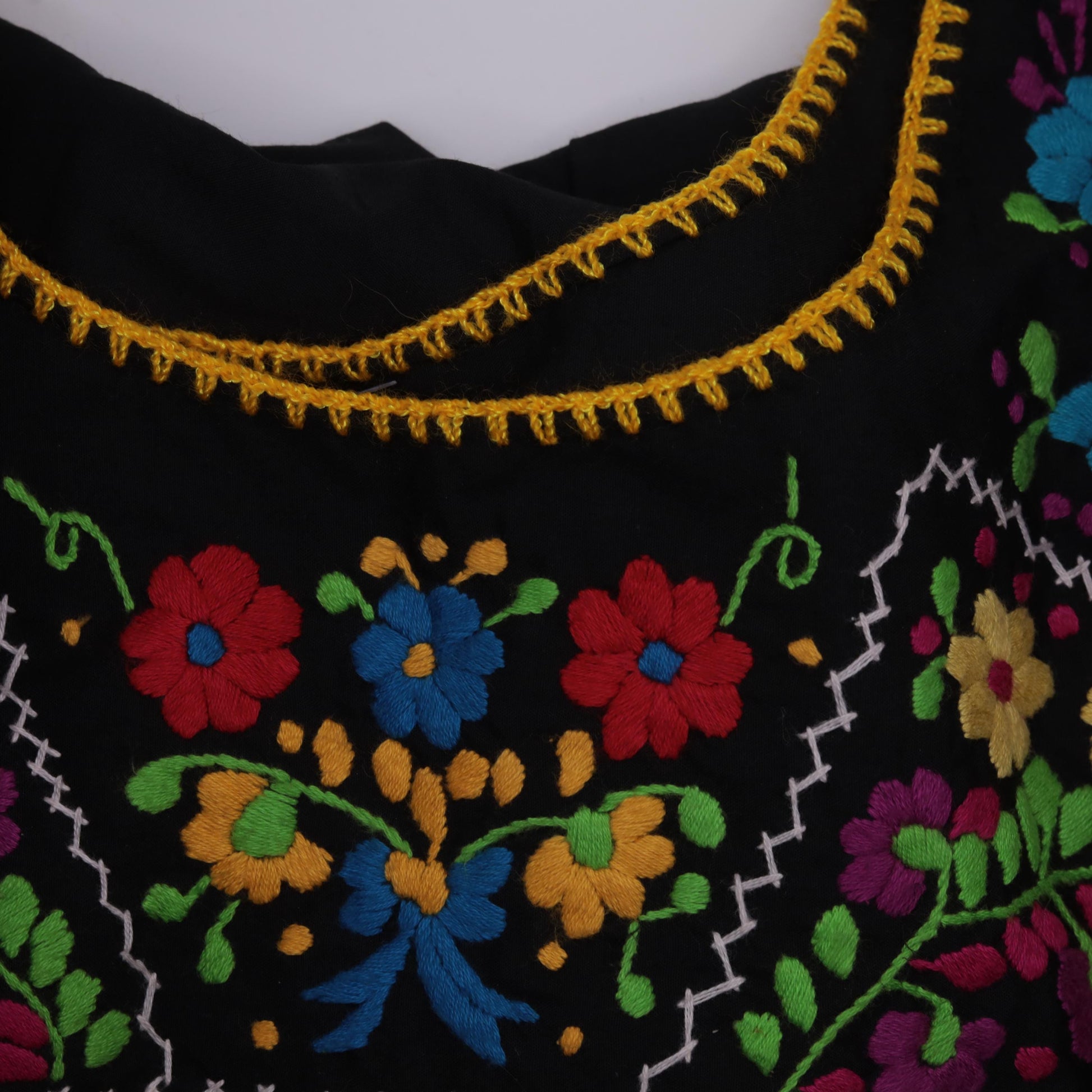 90s Black Mexican Embroidered Cotton Tunic Mini Dress Floral Small