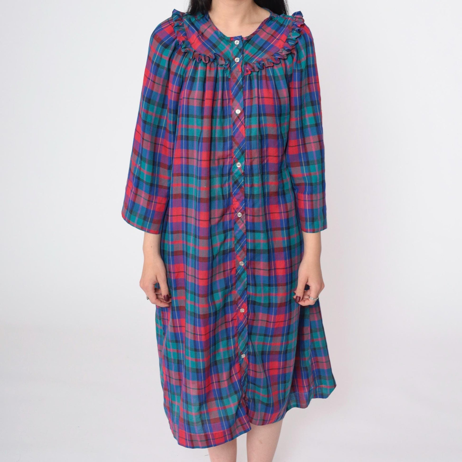 80s Plaid Button-Up Nightgown Red Blue Green Ruffled Yoke Long Sleeve Large