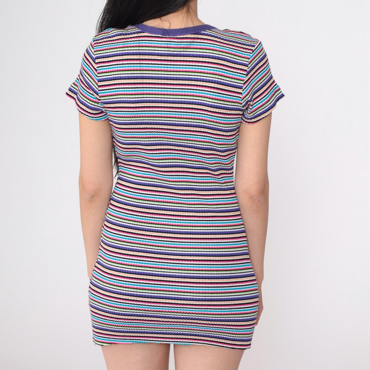 90s Y2K Purple Rainbow Striped Ringer Tee Dress Bodycon Mini Small
