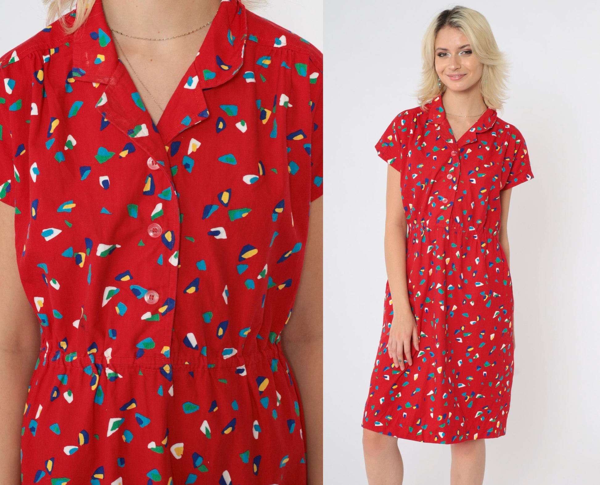 80s Red Confetti Print Midi Shirtdress Button Up High Waist Cap Sleeve Small