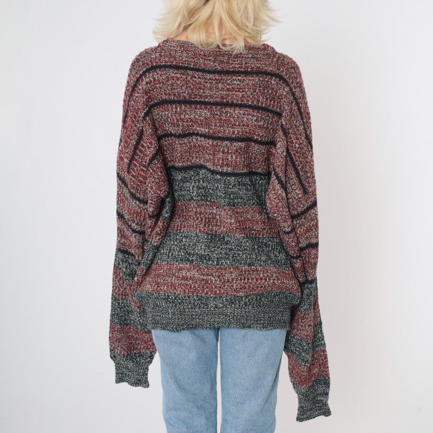 80s Wrangler Striped Knit Sweater Red Black Marled Crewneck Extra Large XL