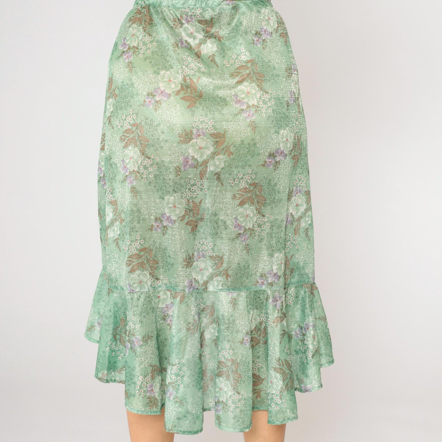 70s Green Floral High-Low Skirt Ruffled Hem Elastic Waist Small