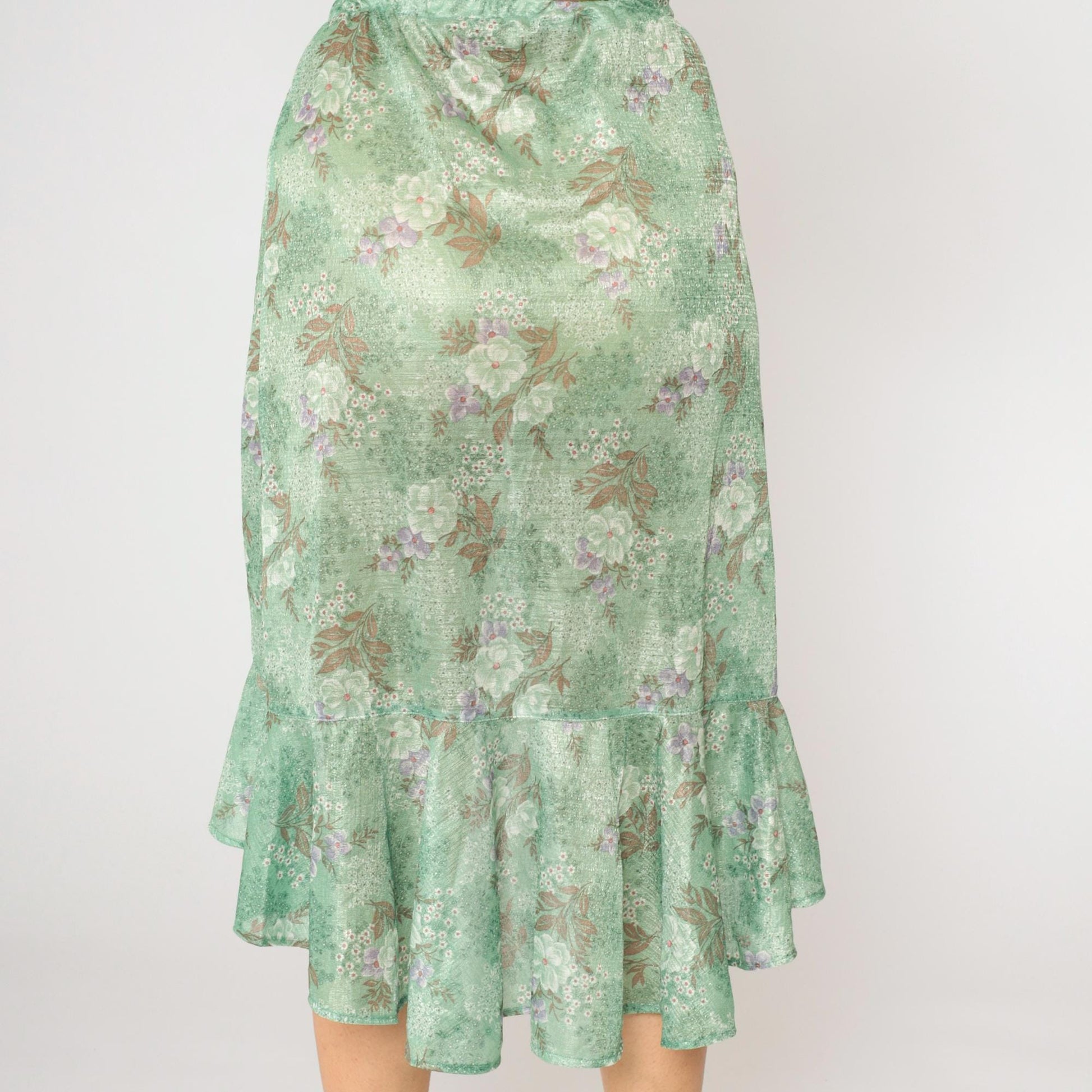 70s Green Floral High-Low Skirt Ruffled Hem Elastic Waist Small
