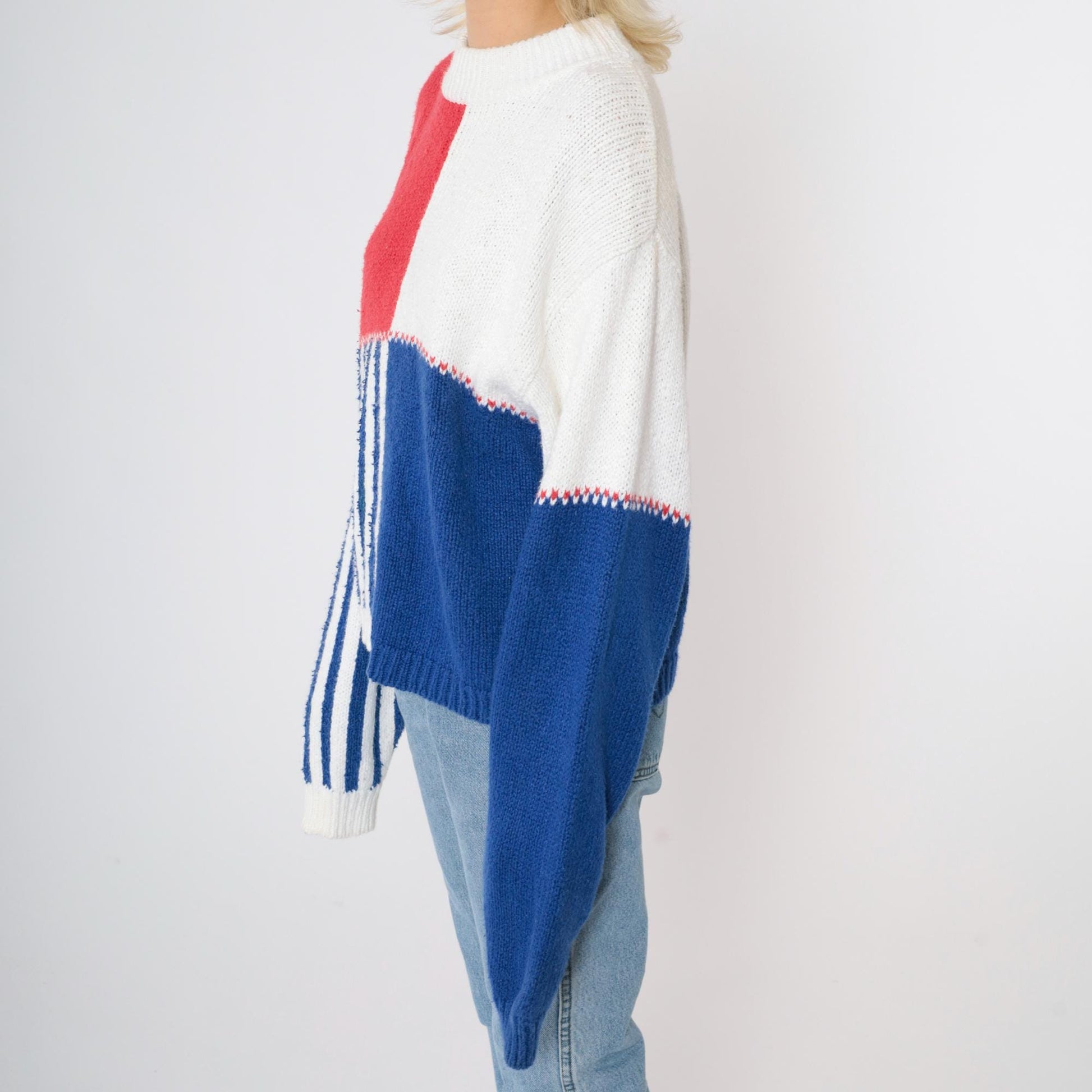 90s Lizsport Color Block Sweater Red White Blue Ramie Cotton Crewneck Medium M
