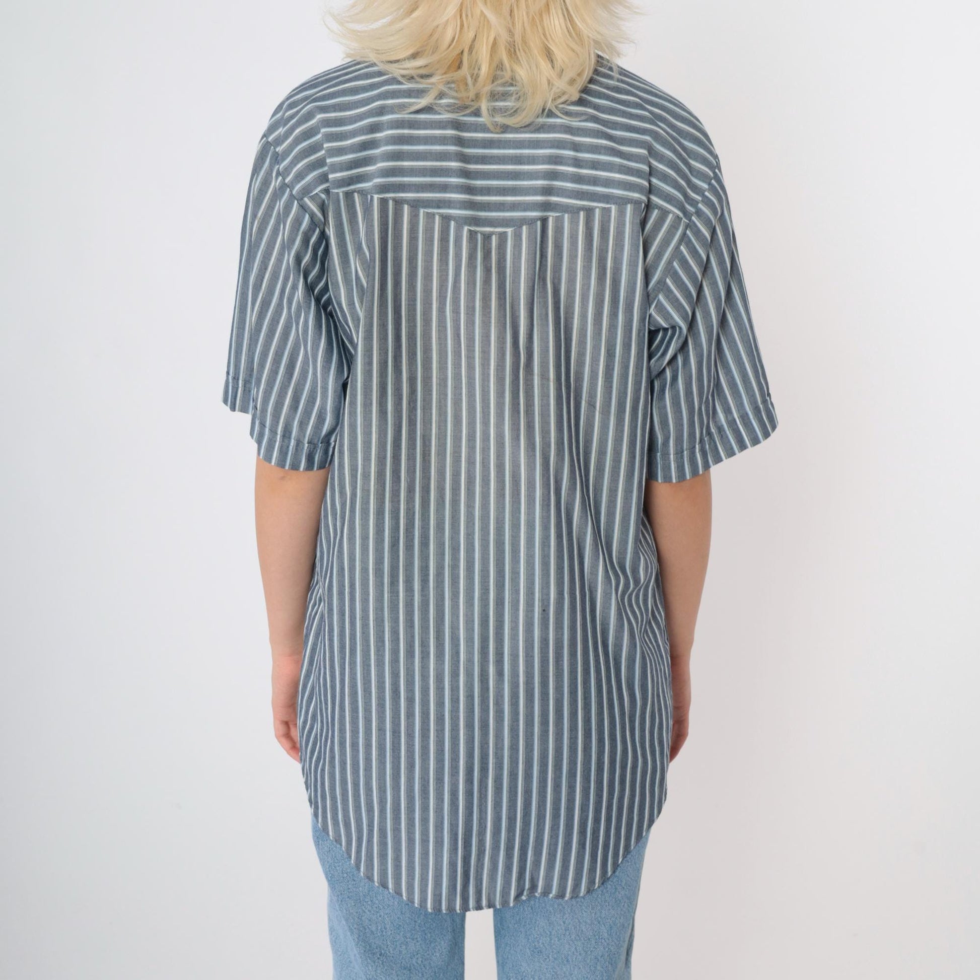 90s Plains Western Wear Pearl Snap Shirt Grey Striped Short Sleeve Small