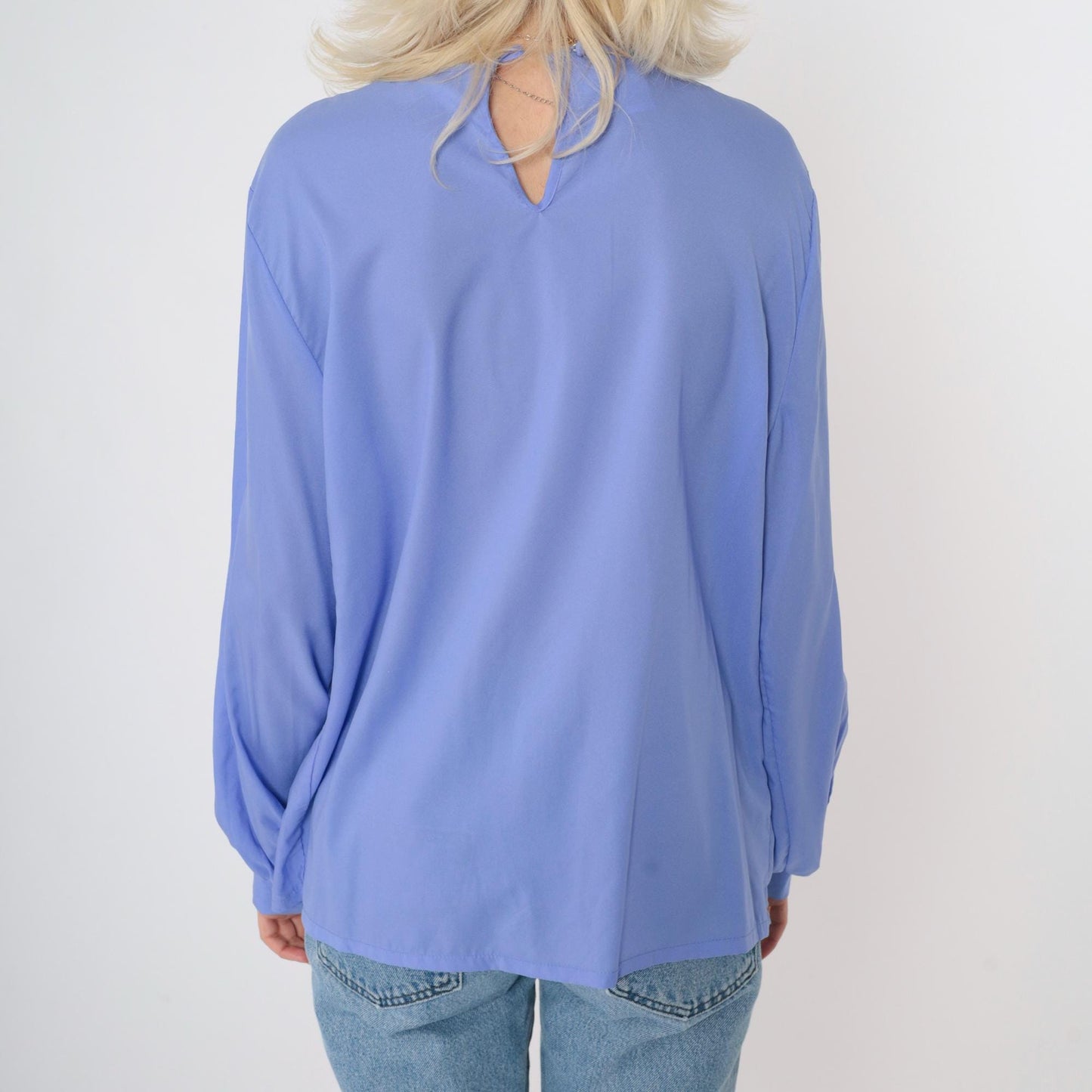 80s Periwinkle Pleated Blouse Long Sleeve Button Front Shirt Large
