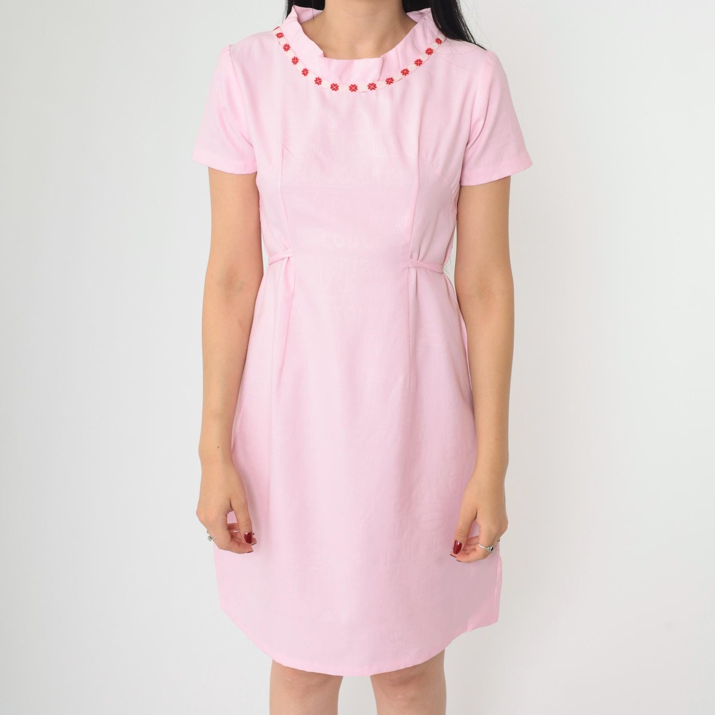 1960s Pink Mod Shift Dress Embroidered Collar Textured Print Tie Waist Small