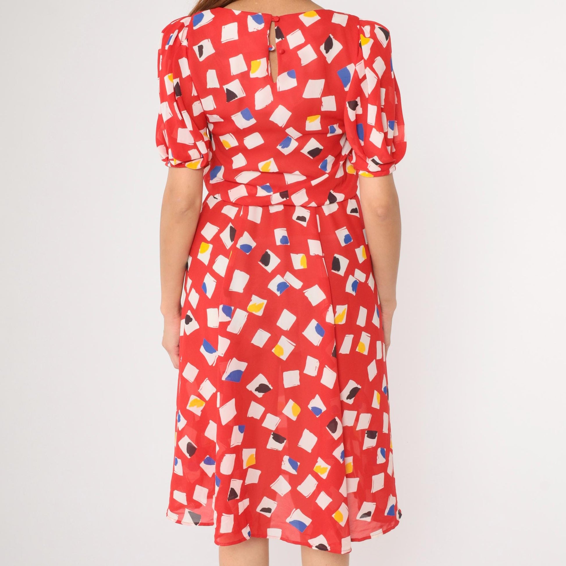 80s L Rothschild Red Abstract Geometric Midi Dress Puff Sleeve Medium