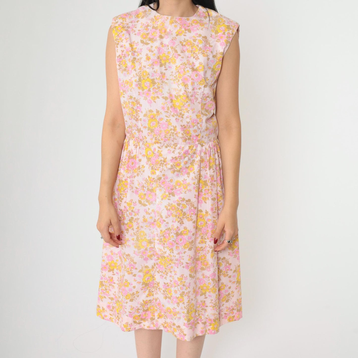1960s Mod Floral Midi Dress Pink Yellow High Waist Sleeveless Medium