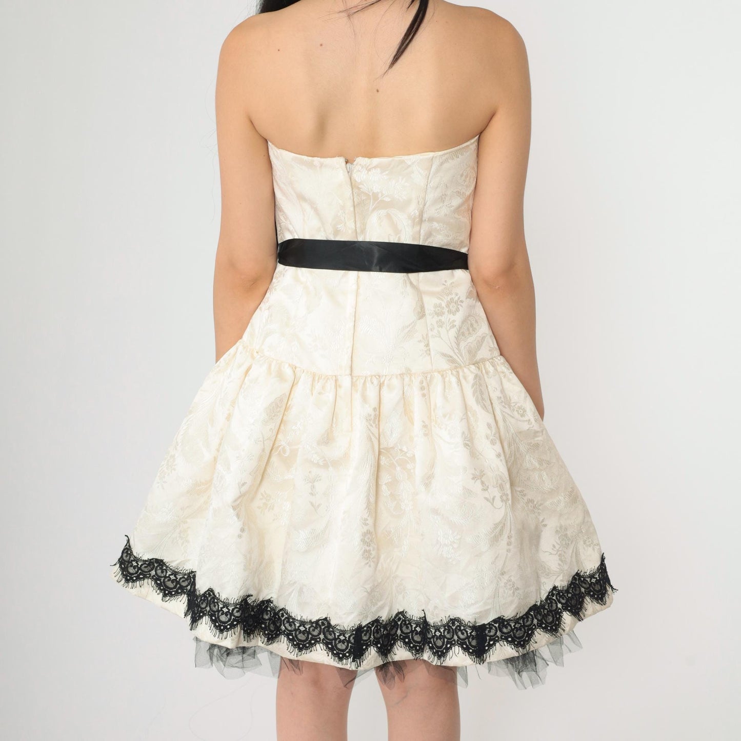 90s Jessica McClintock Ivory Jacquard Strapless Dress Black Lace Tulle Medium
