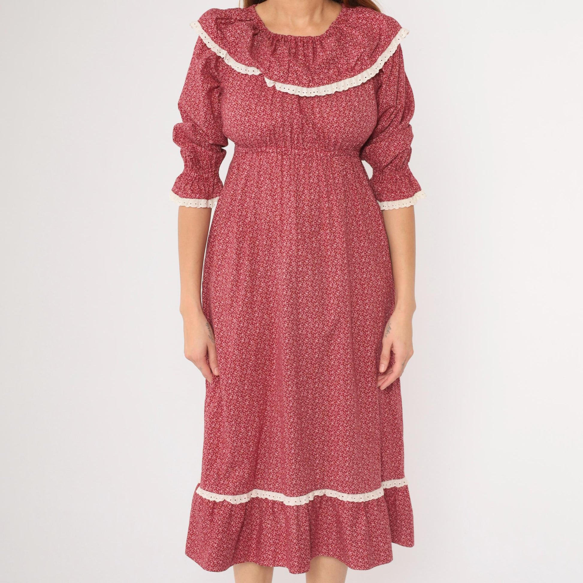 70s Burgundy Calico Floral Peasant Dress Empire Waist Midi Lace Small