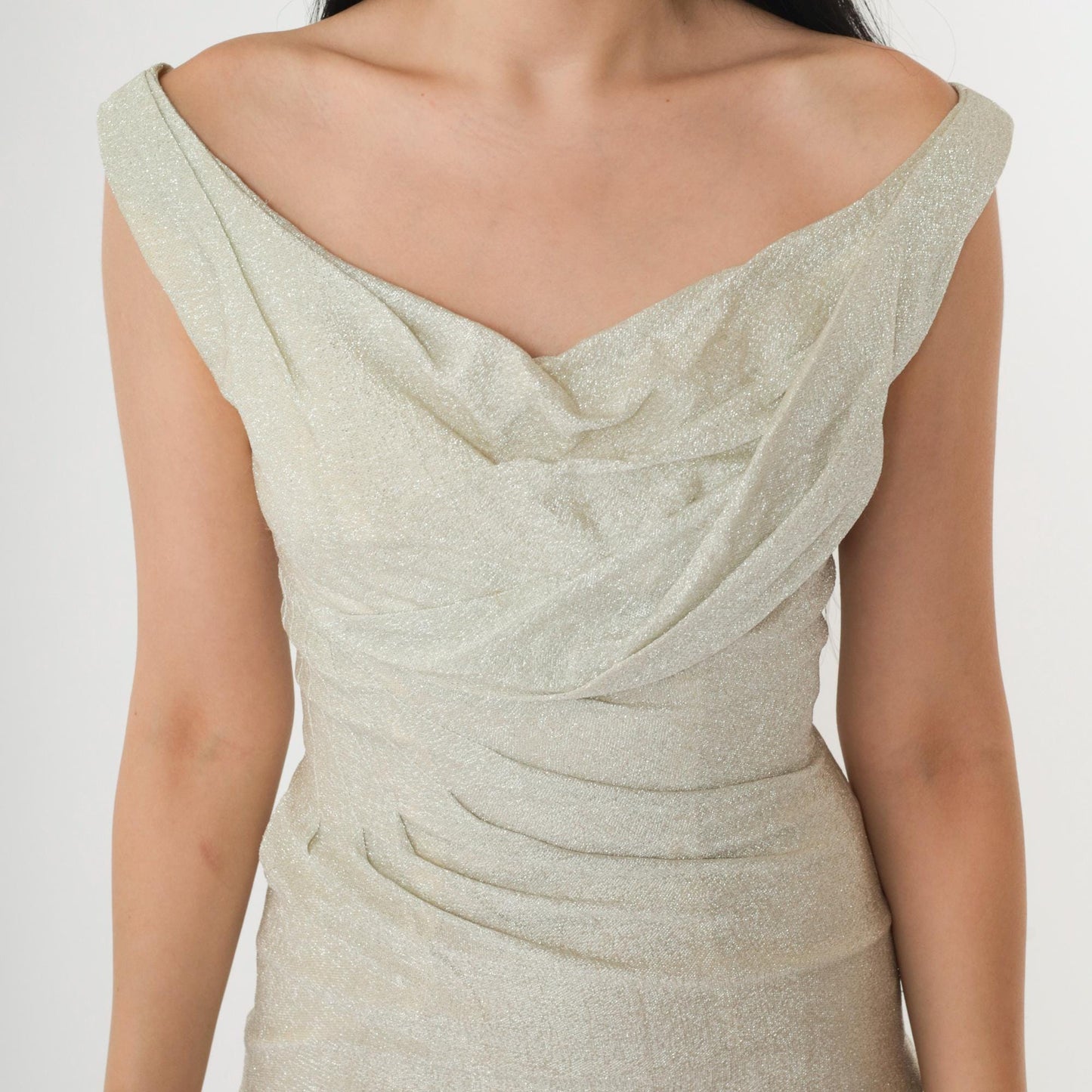 60s Silver Metallic Sheath Dress Draped Neckline Sleeveless Mod Party Extra Small