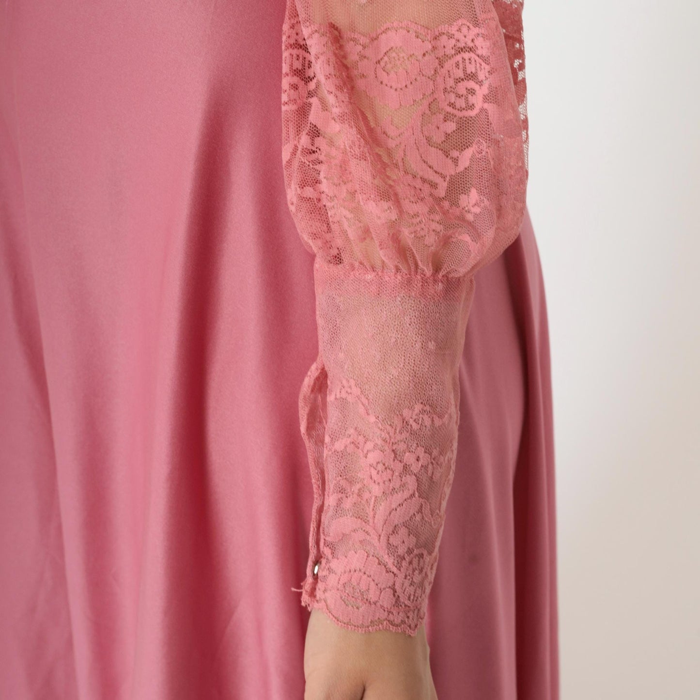 70s Pink Lace Maxi Dress High Neck Balloon Sleeve Small 4