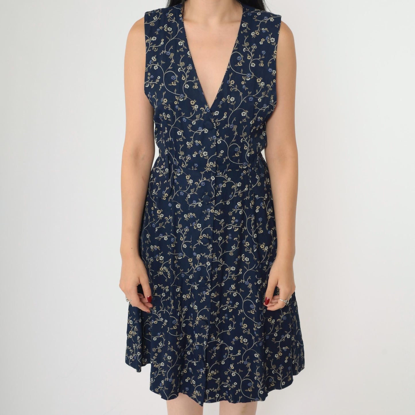 90s Navy Floral Jumper Dress Sleeveless V-Neck Mini Button-Up Small