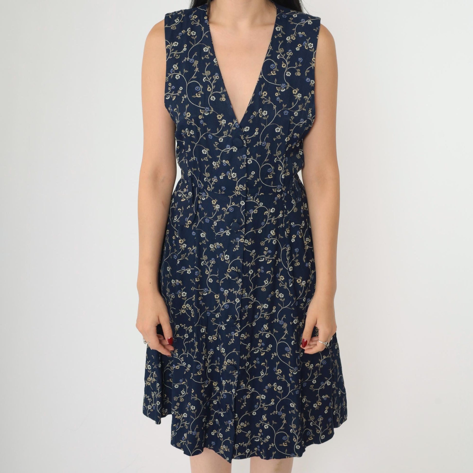 90s Navy Floral Jumper Dress Sleeveless V-Neck Mini Button-Up Small