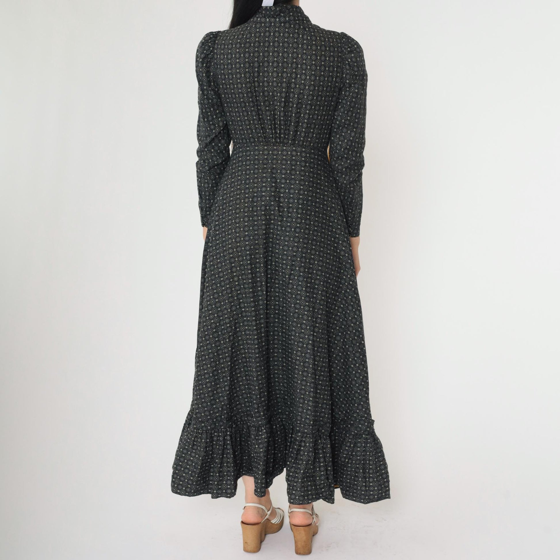 70s Black Floral Maxi Dress Peter Pan Collar Puff Sleeve High Waist Small