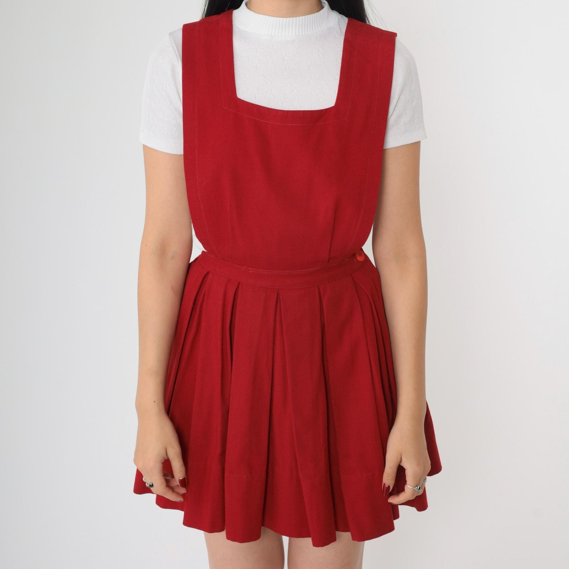 70s Red Pleated Mini Jumper Dress High Waist Pinafore Small