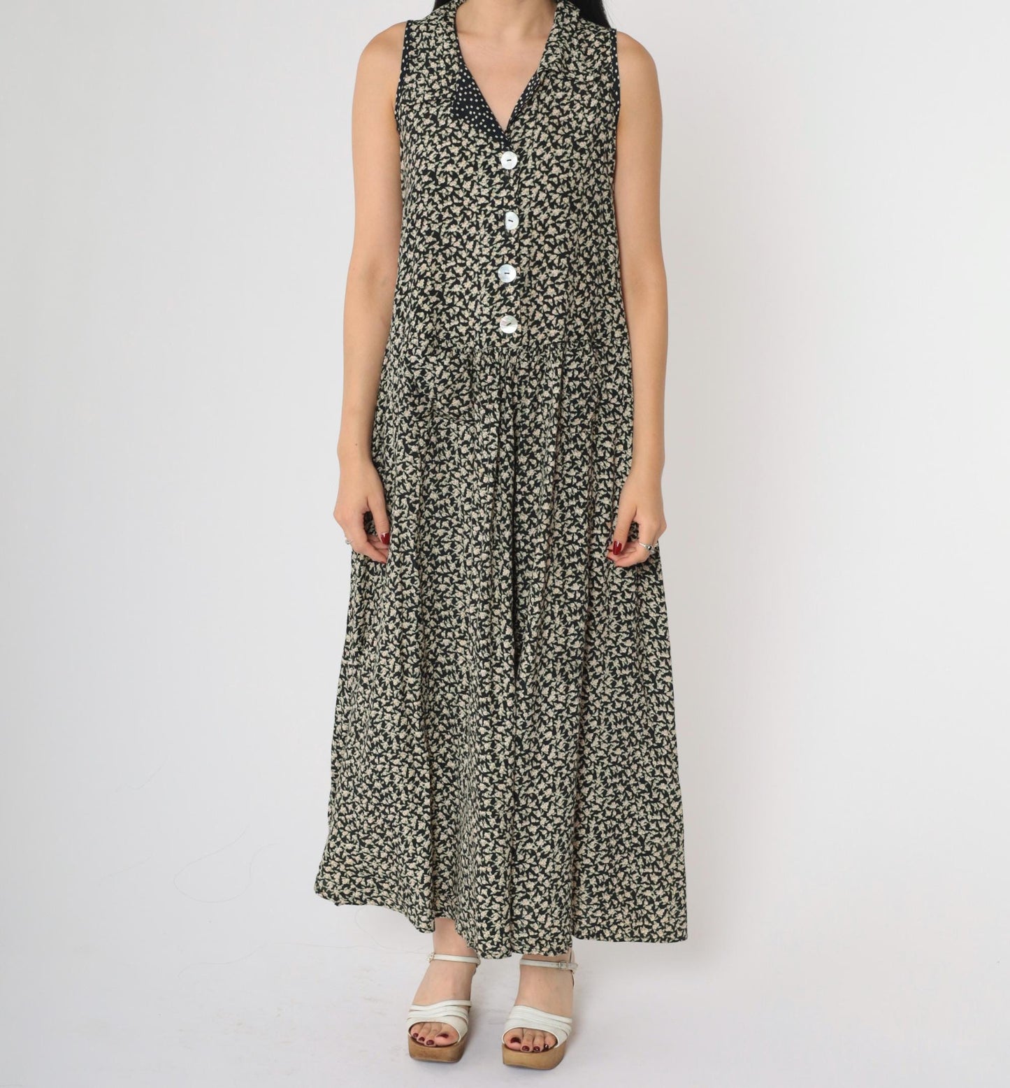 90s Black Floral Sleeveless Dress Button-Up Drop Waist Ankle Length Medium M