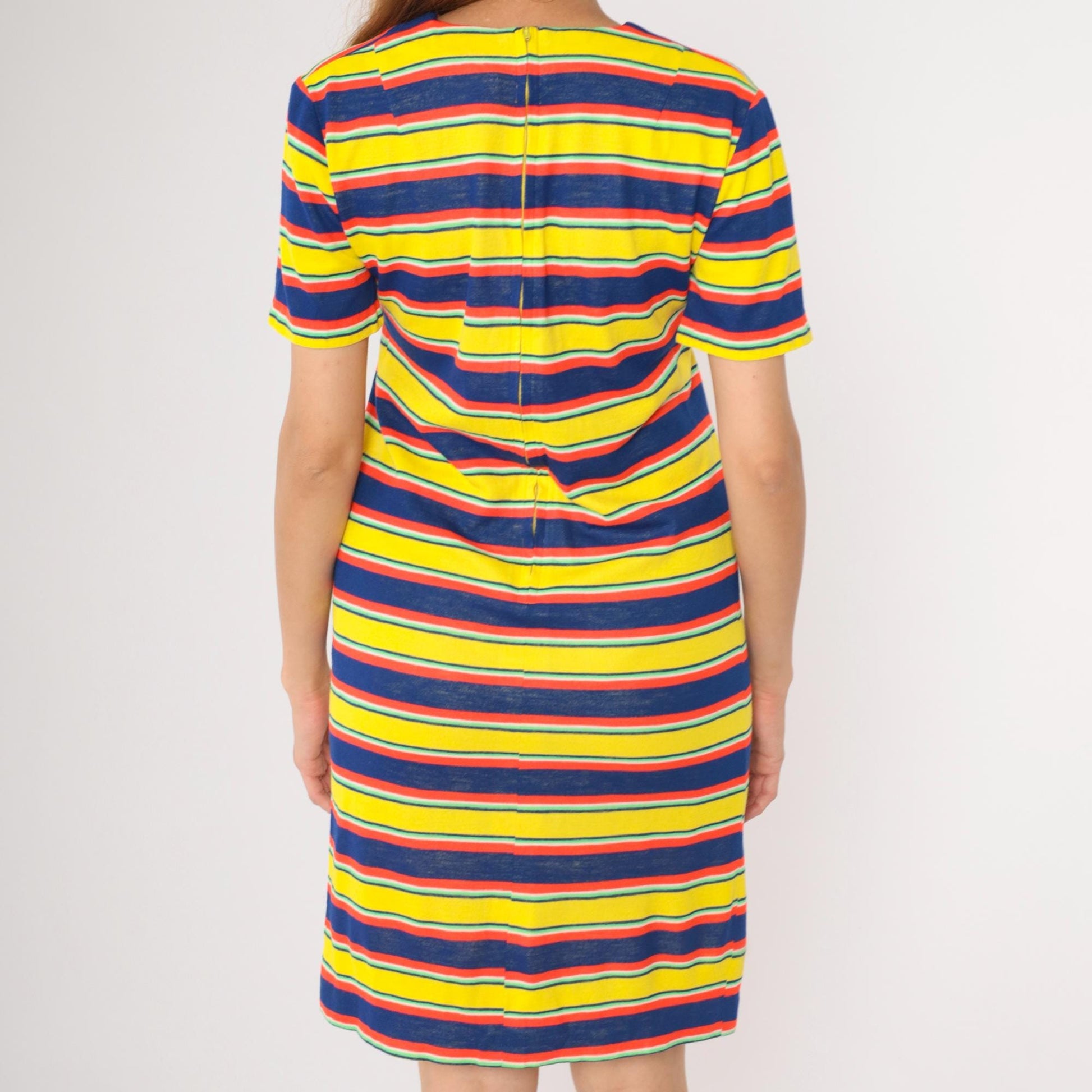 70s Striped Knit Mini Dress Yellow Navy Red Notched Neck Small Medium