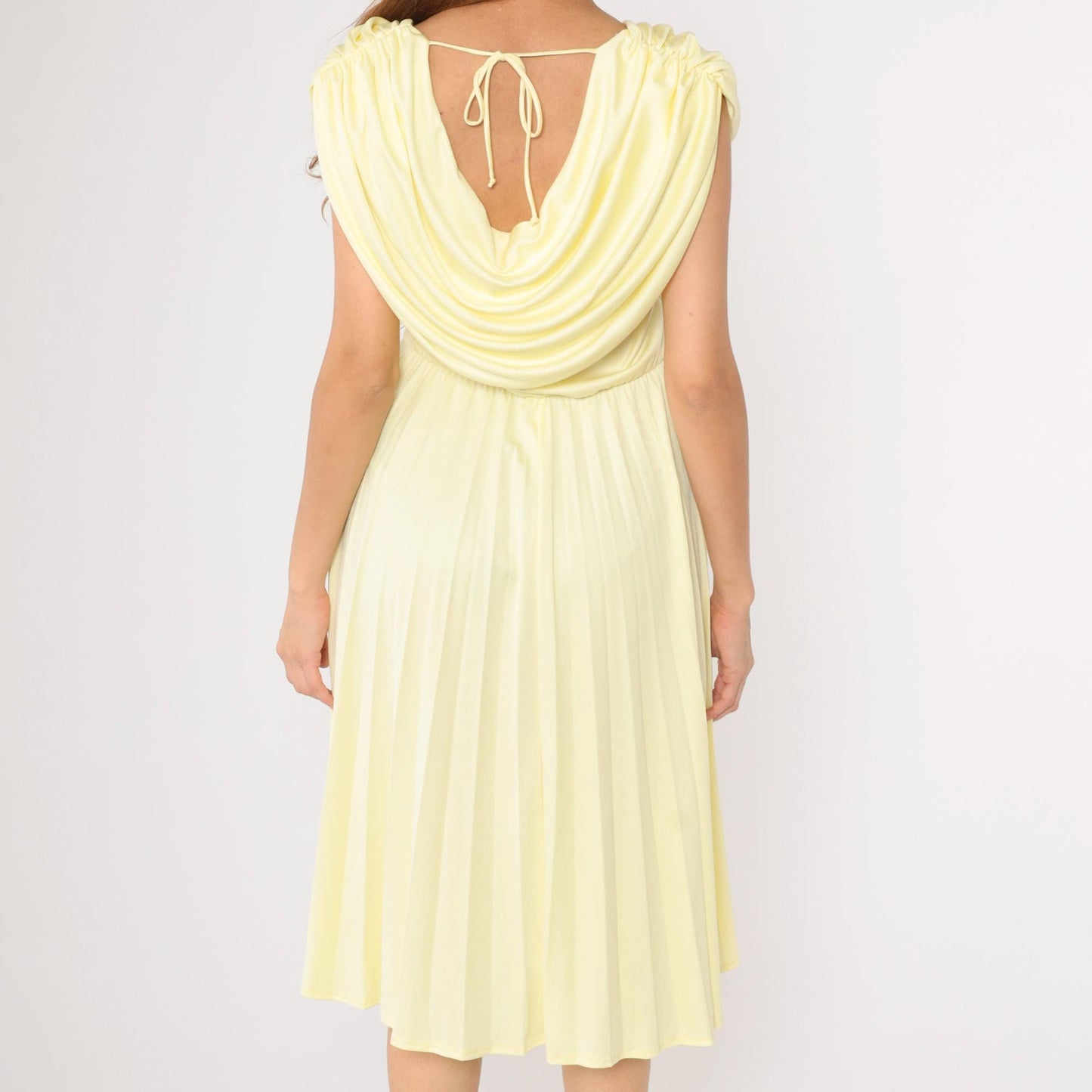 70s Vicky Vaughn Junior Yellow Cowl Neck Midi Dress Pleated Sleeveless Medium M