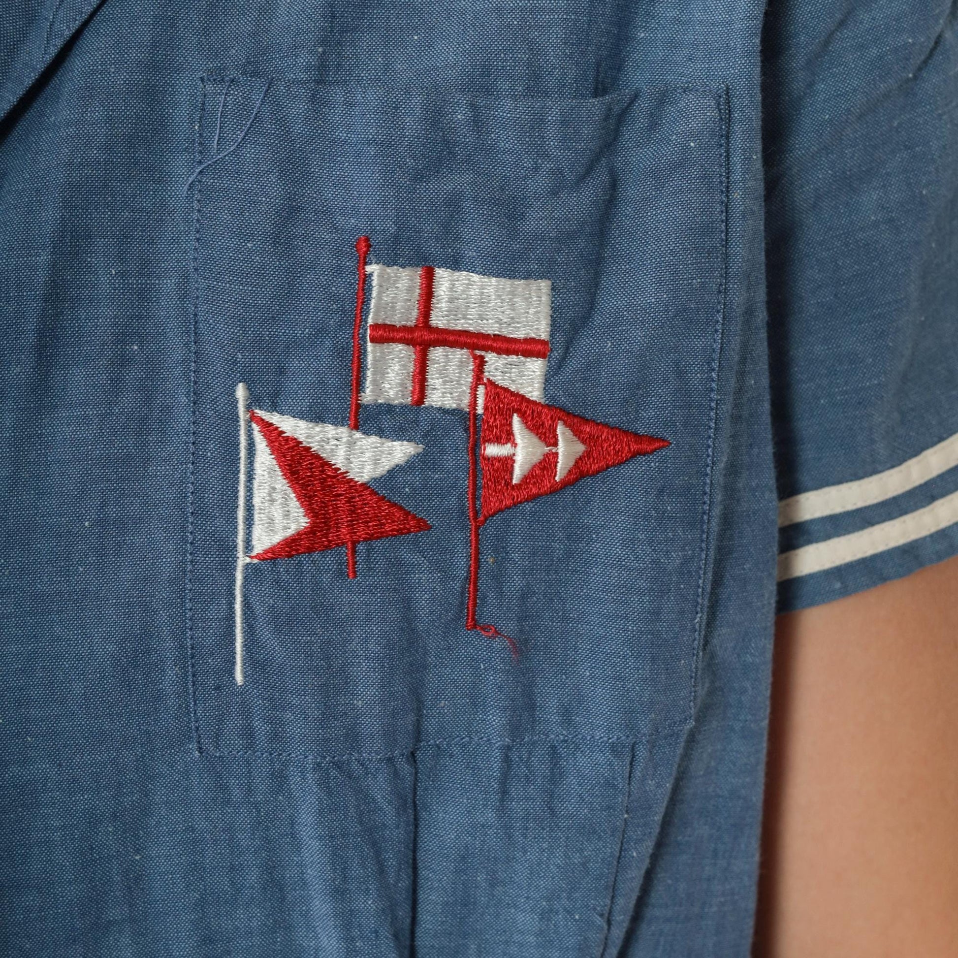 80s Nautical Chambray Shirt Dress Embroidered Flags Midi Blue Small Medium