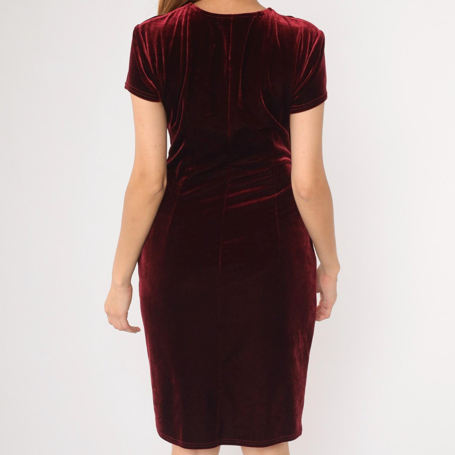 90s Robbie Bee Burgundy Velvet Wrap Dress V-Neck Ruched Knee Length Medium 8