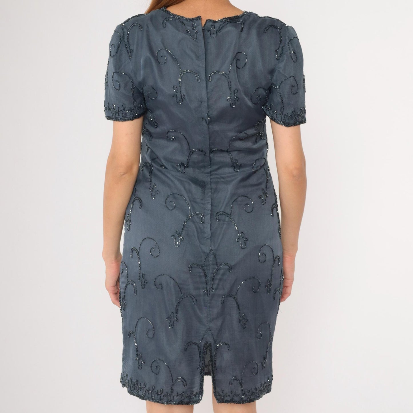 90s JMD New York Grey Silk Beaded Sheath Dress Sweetheart Neckline Small S