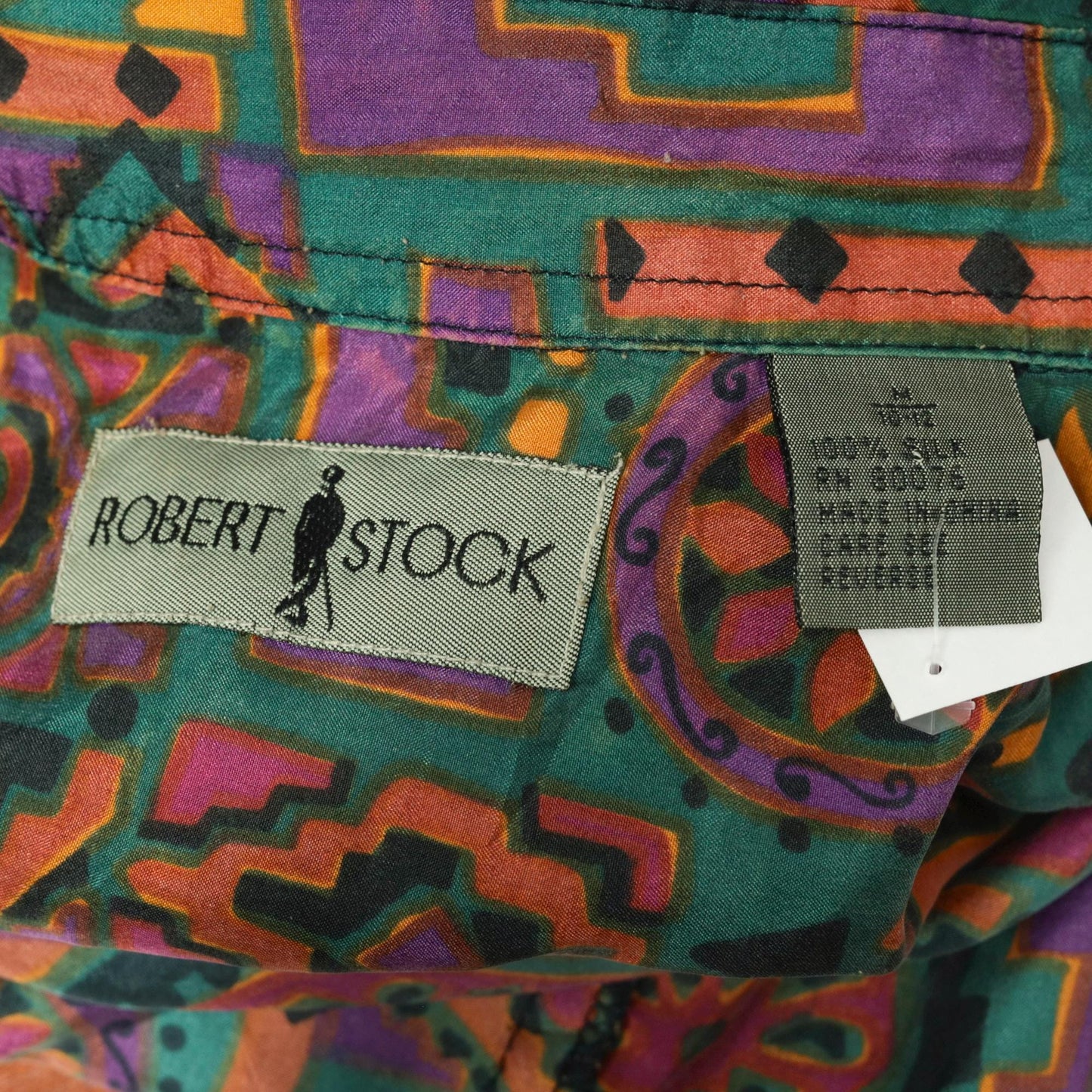90s Robert Stock Silk Button Up Geometric Print Purple Green Short Sleeve Extra Small