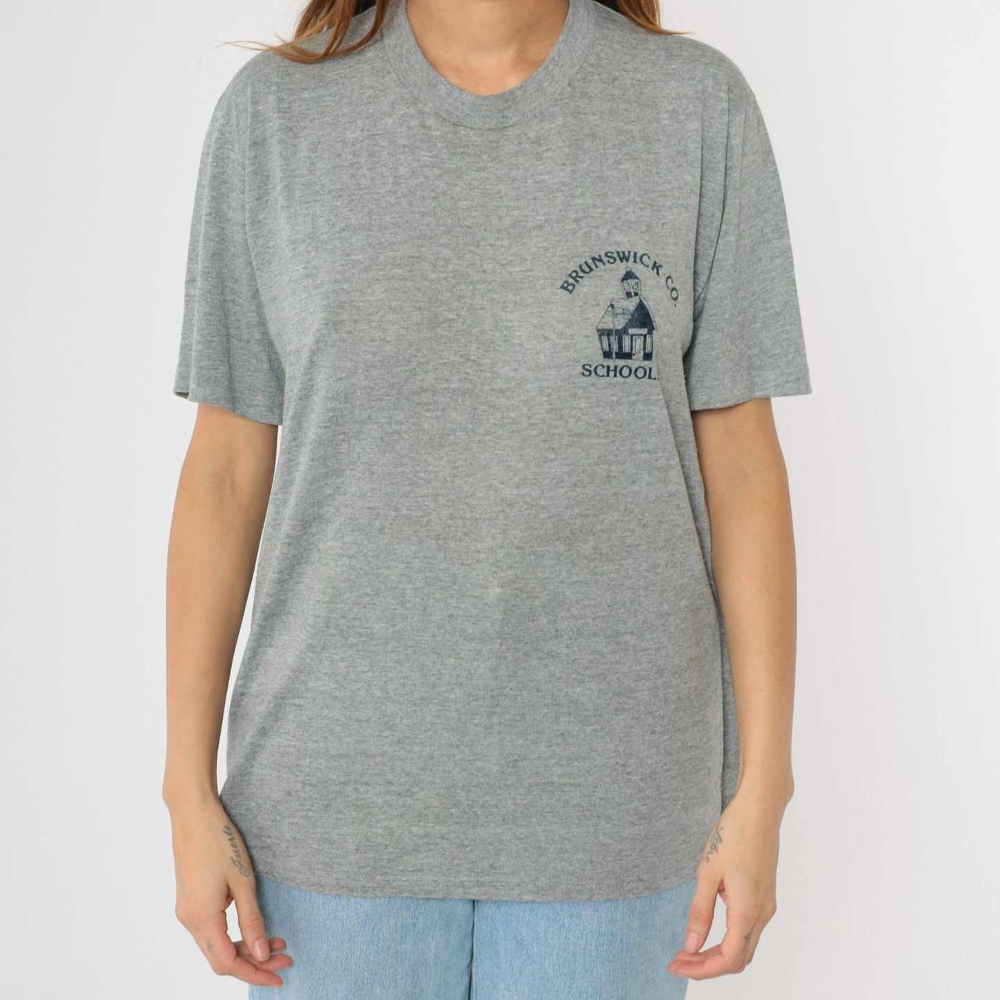 90s Brunswick County Schools Graphic T-Shirt Grey Jerzees USA Made Large