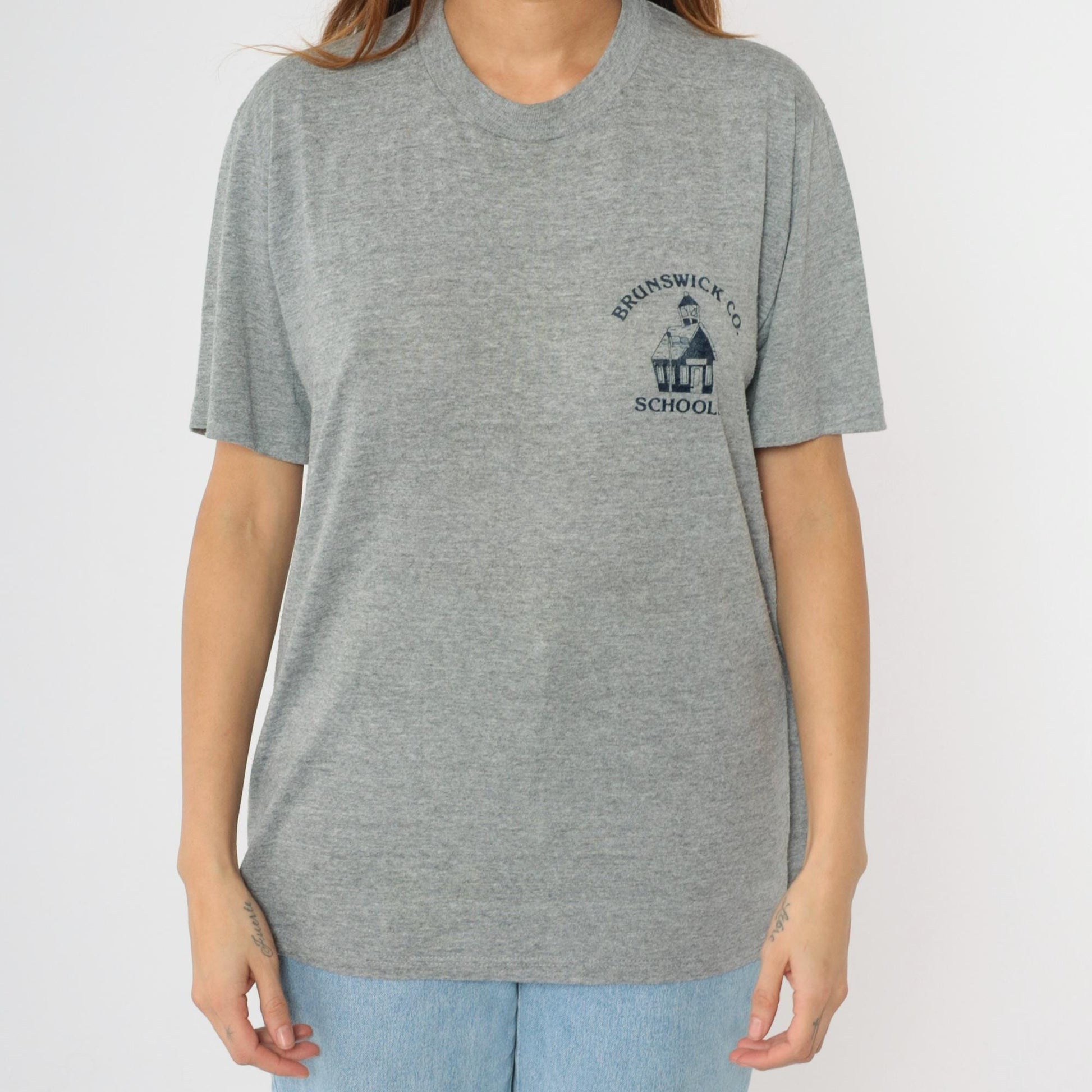 90s Brunswick County Schools Graphic T-Shirt Grey Jerzees USA Made Large