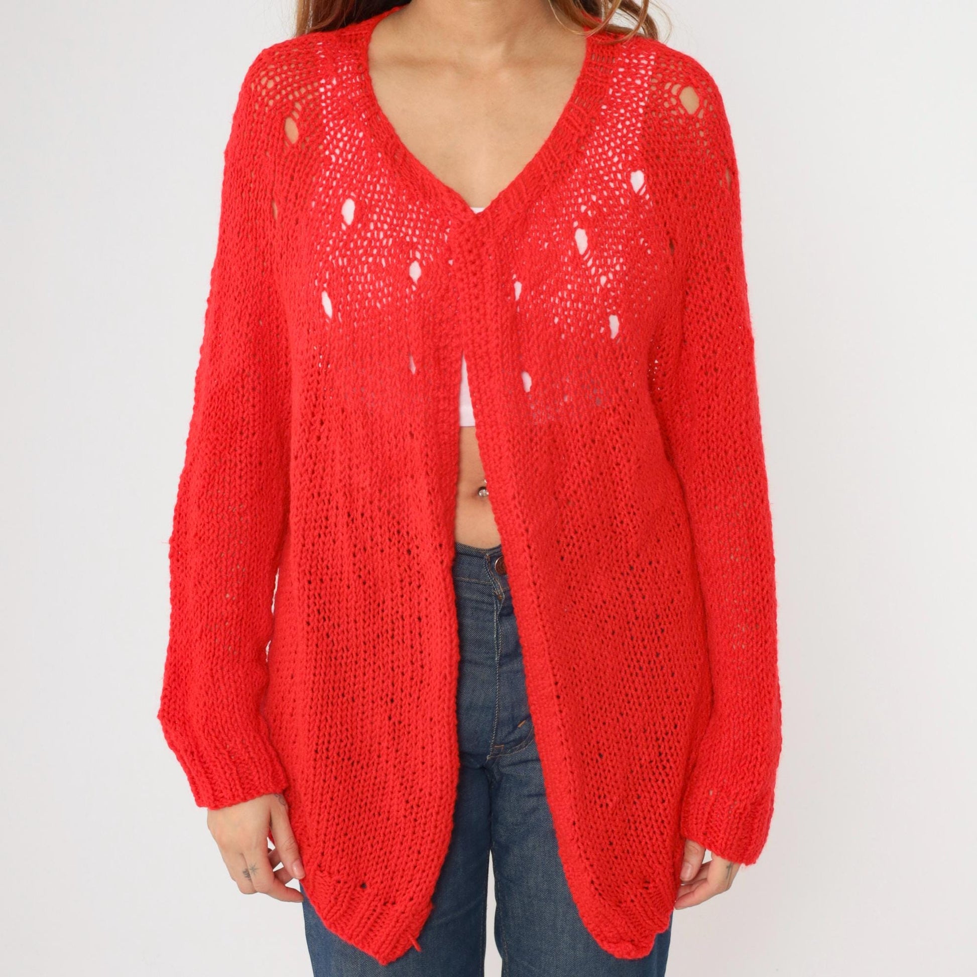 70s Red Cardigan Sweater Open Weave Sheer Knit Long Sleeve Large