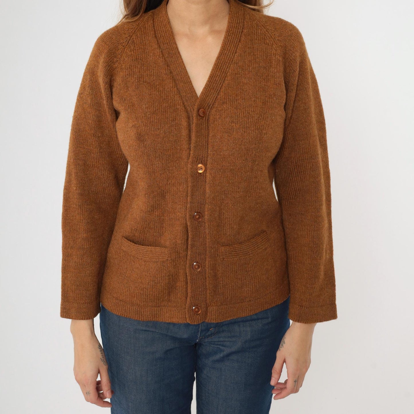 70s Flecked Brown Wool Cardigan V Neck Button Up Knit Sweater Small Medium