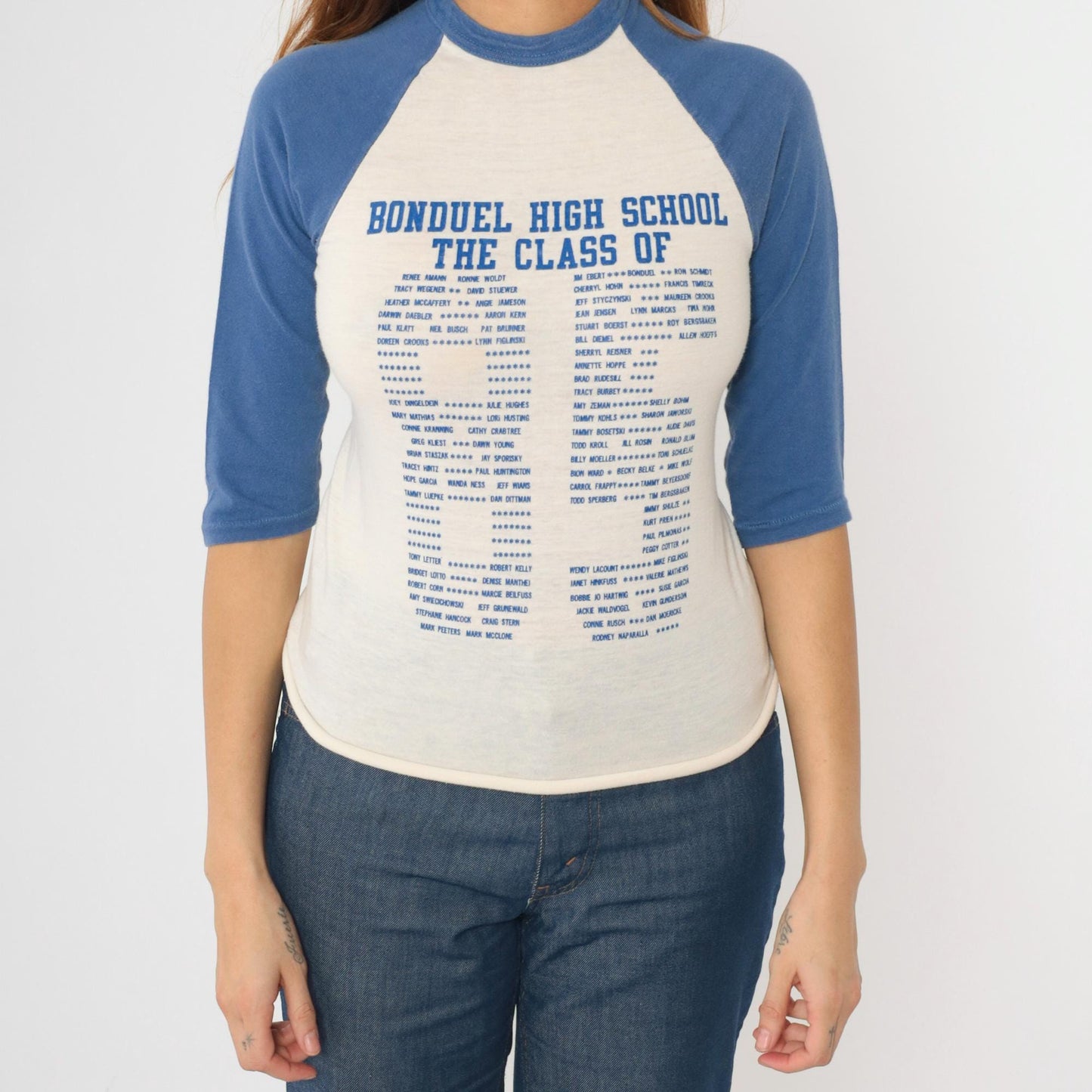 80s Bonduel High School Class of 1985 Raglan Baseball Tee Blue White Graphic Small