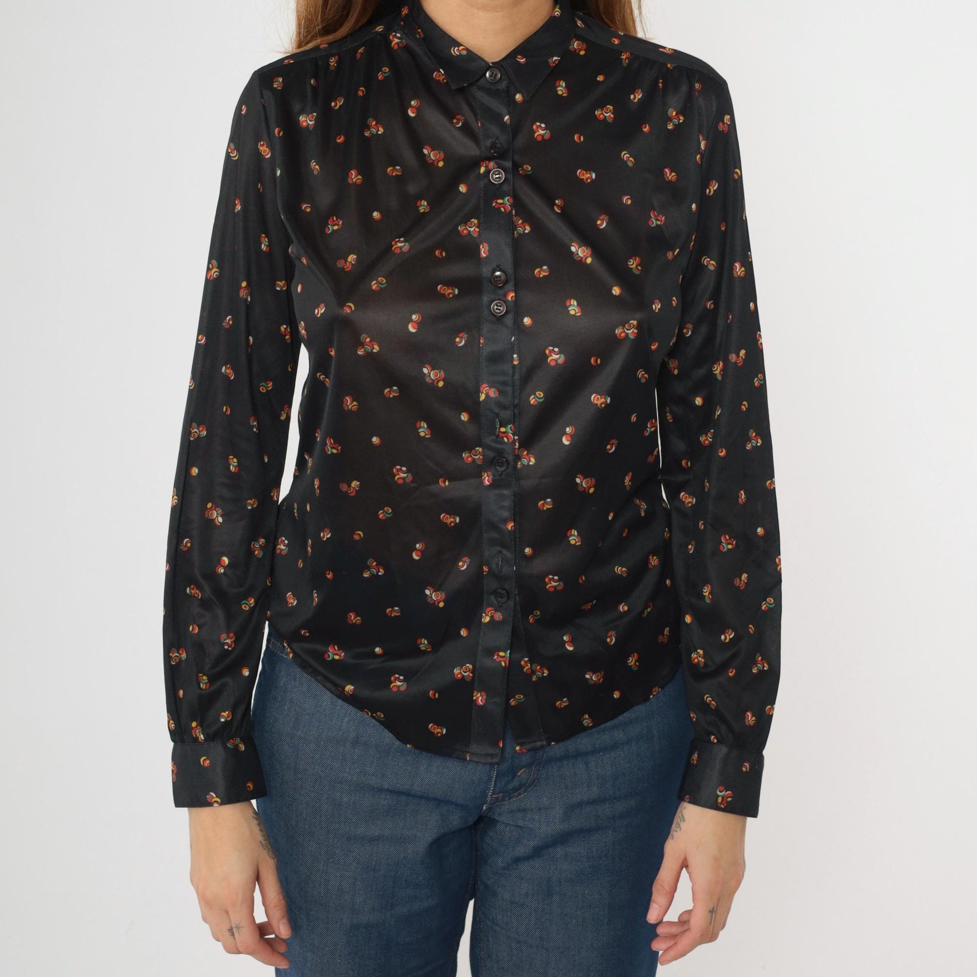 70s Black Abstract Sphere Print Button Down Blouse Long Sleeve Pointed Collar Medium