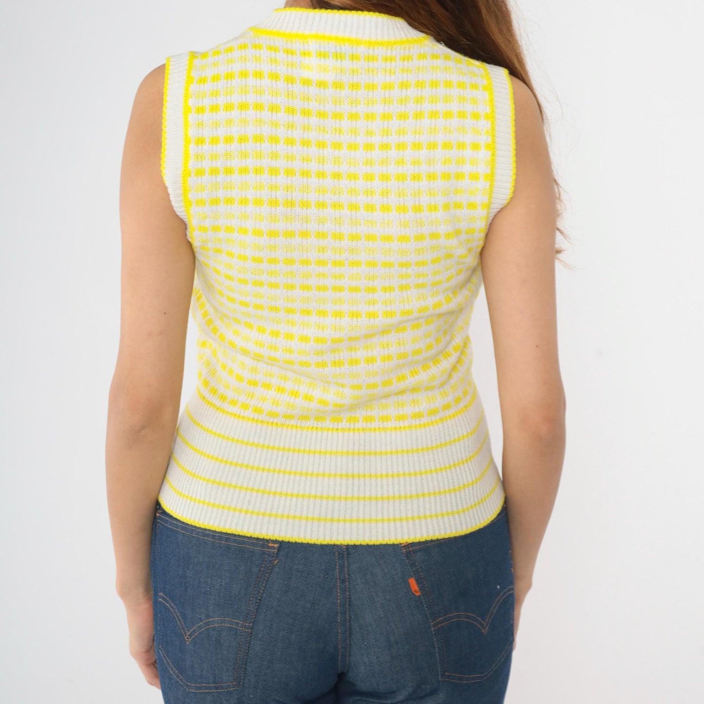 70s Sweater Vest White Yellow Striped Square Print V-Neck Pullover Small
