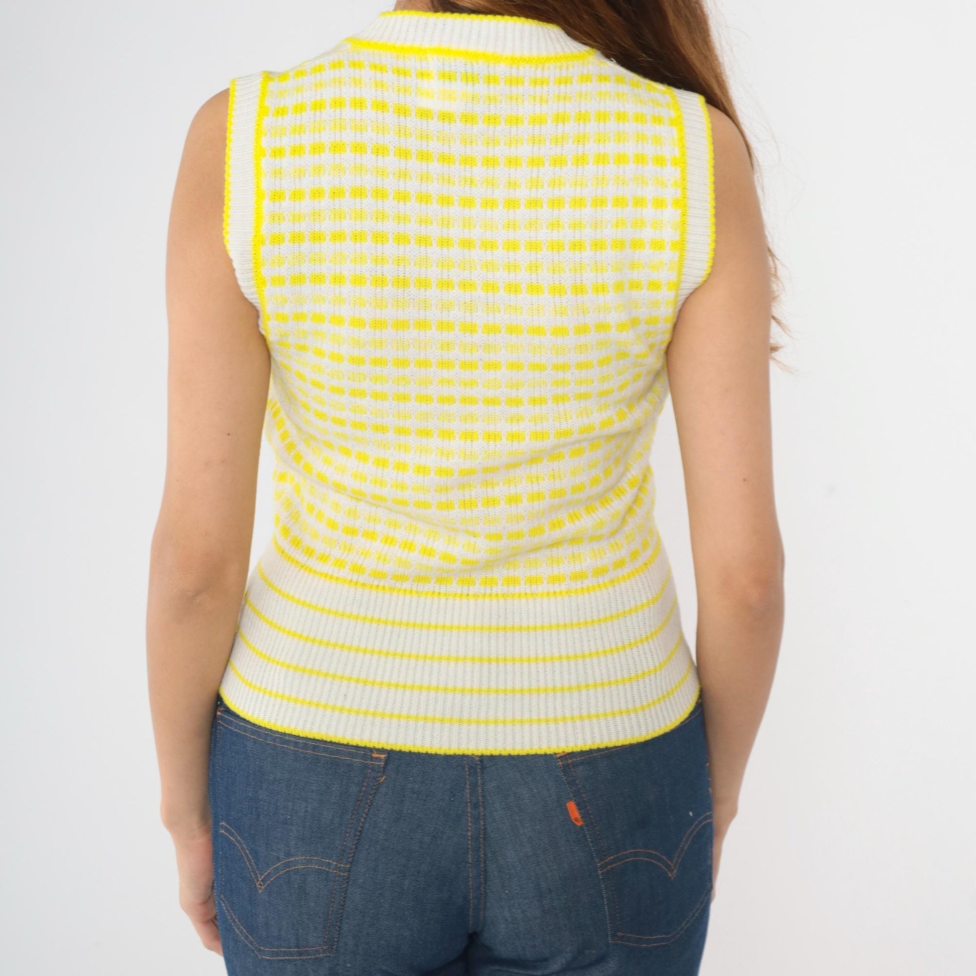 70s Sweater Vest White Yellow Striped Square Print V-Neck Pullover Small