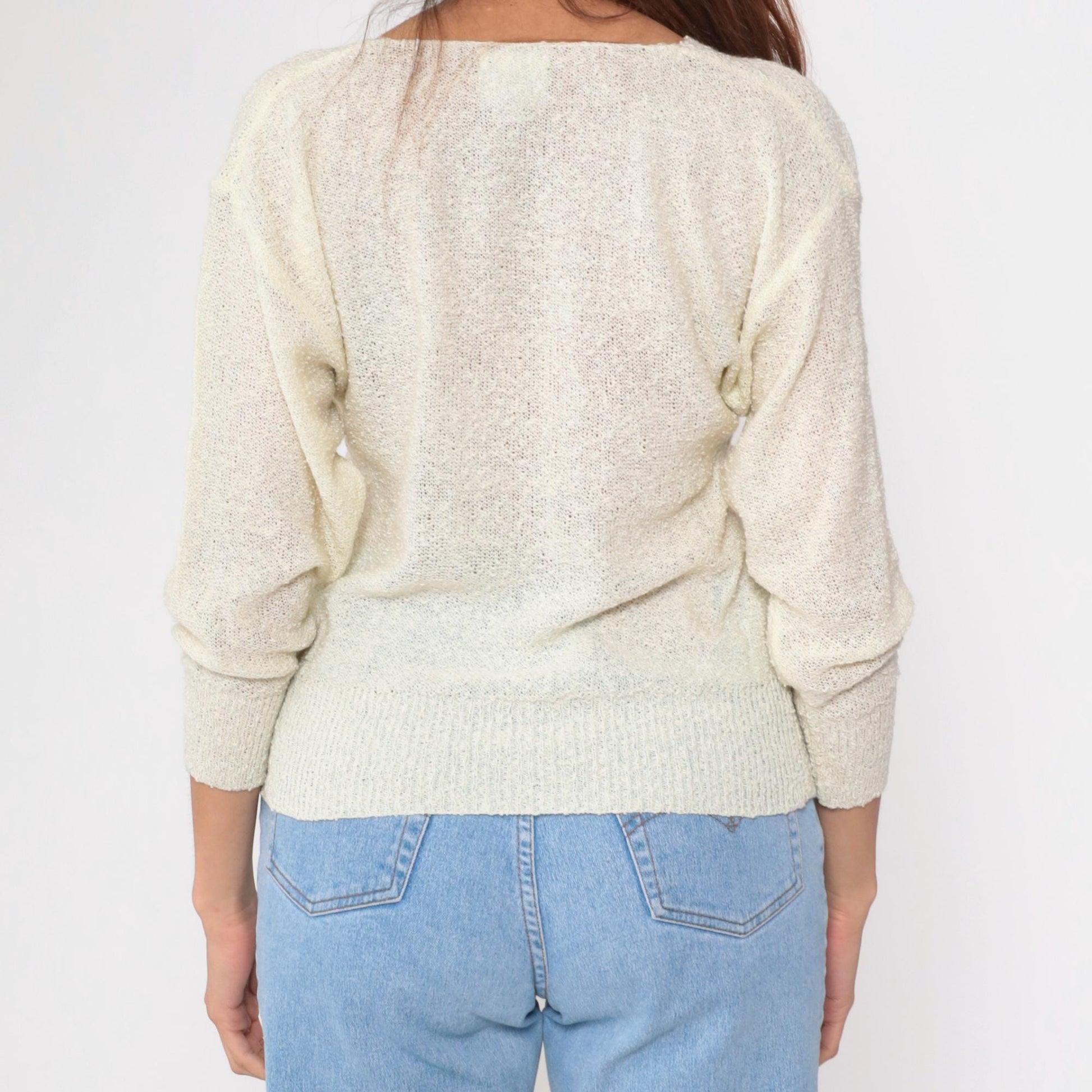 80s Sequin Bird Sweater Off-White V-Neck Beaded Metallic Pullover Small