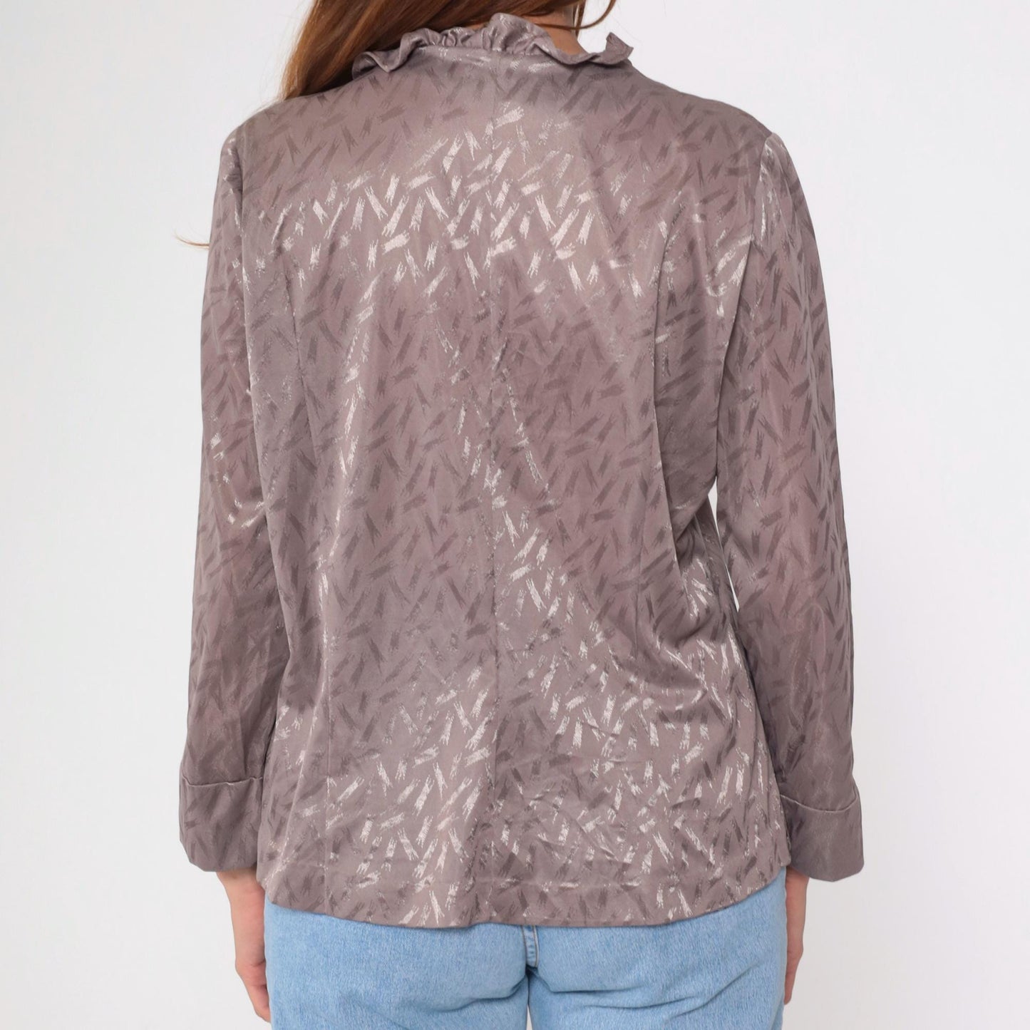 80s Taupe Jacquard Blouse Ruffle Collar Button Up Long Sleeve Large L