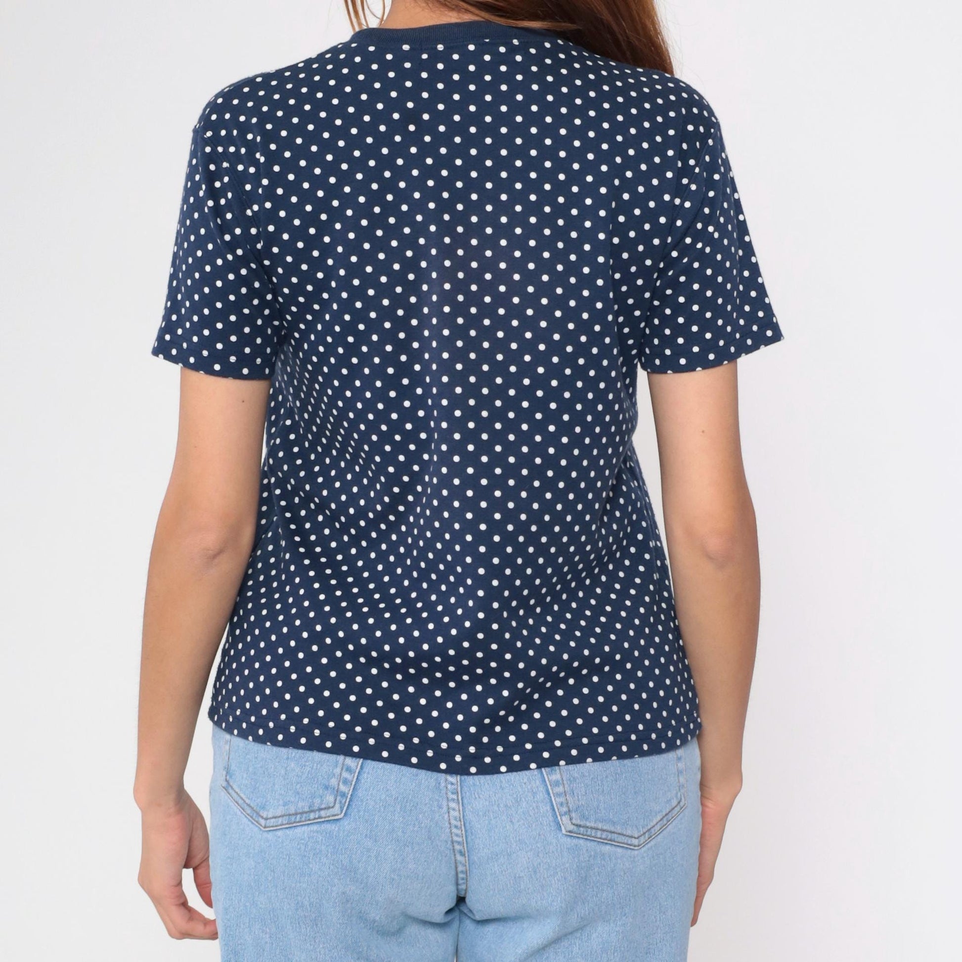 90s Navy Polka Dot T-Shirt White Dots Crewneck Petite Small