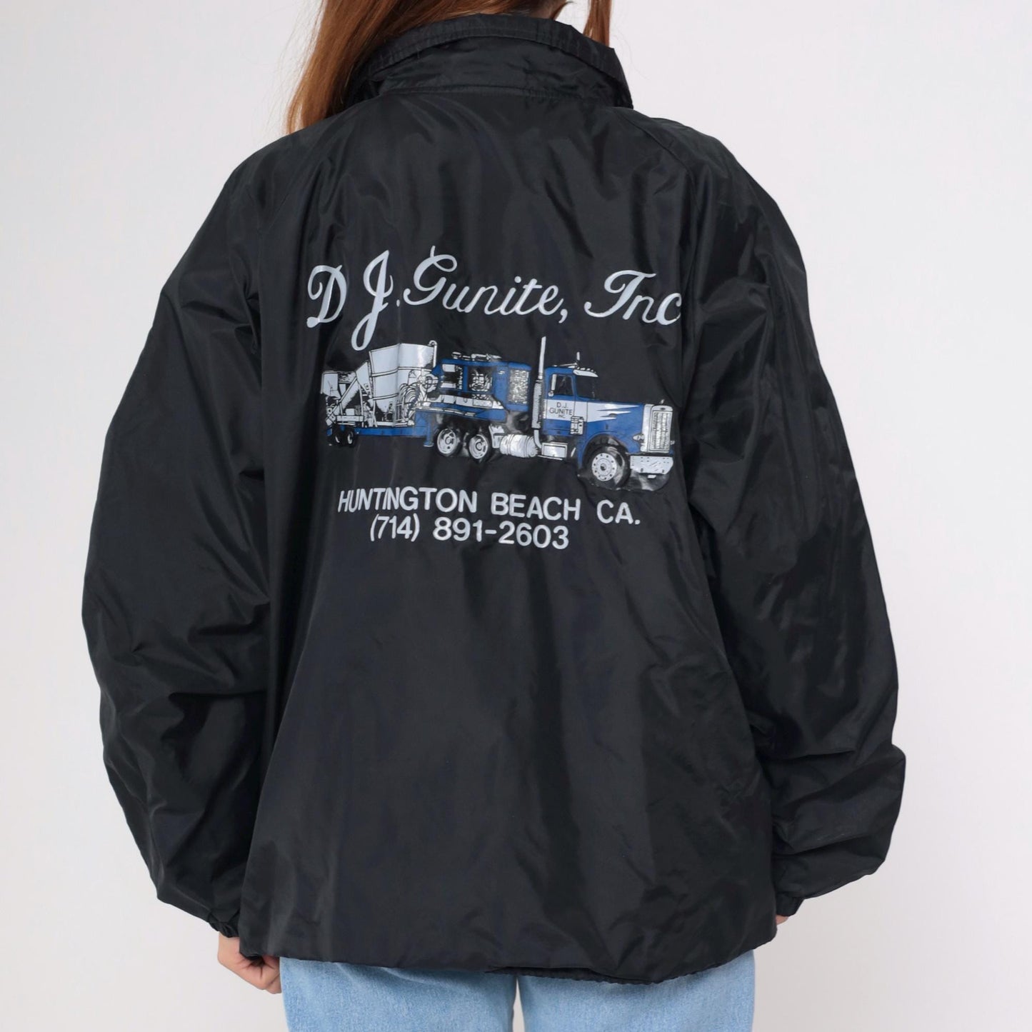 90s DJ Gunite Trucking Black Nylon Coaches Jacket Huntington Beach Extra Large XL
