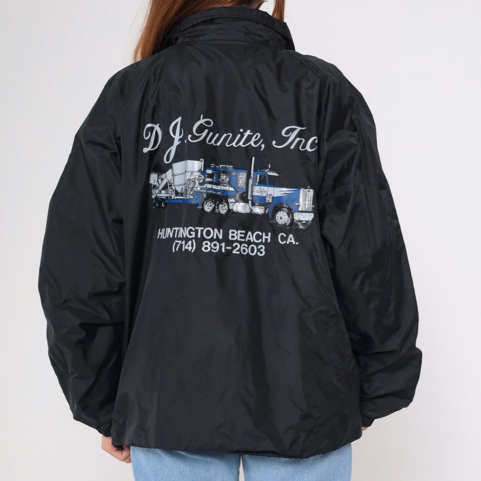 90s DJ Gunite Trucking Black Nylon Coaches Jacket Huntington Beach Extra Large XL