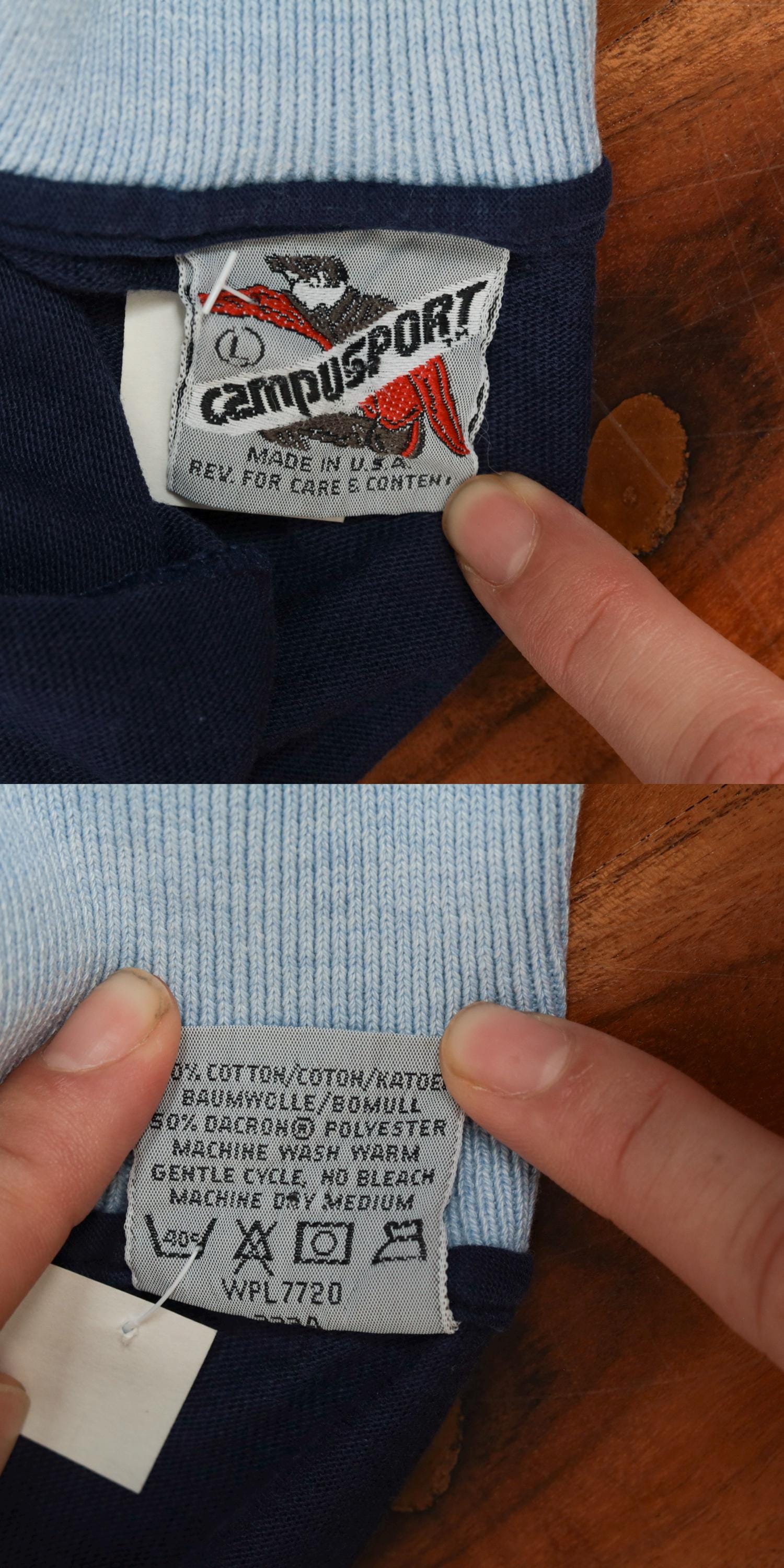 80s Campusport Polo Shirt Baby Blue Navy Colour Block Striped Medium
