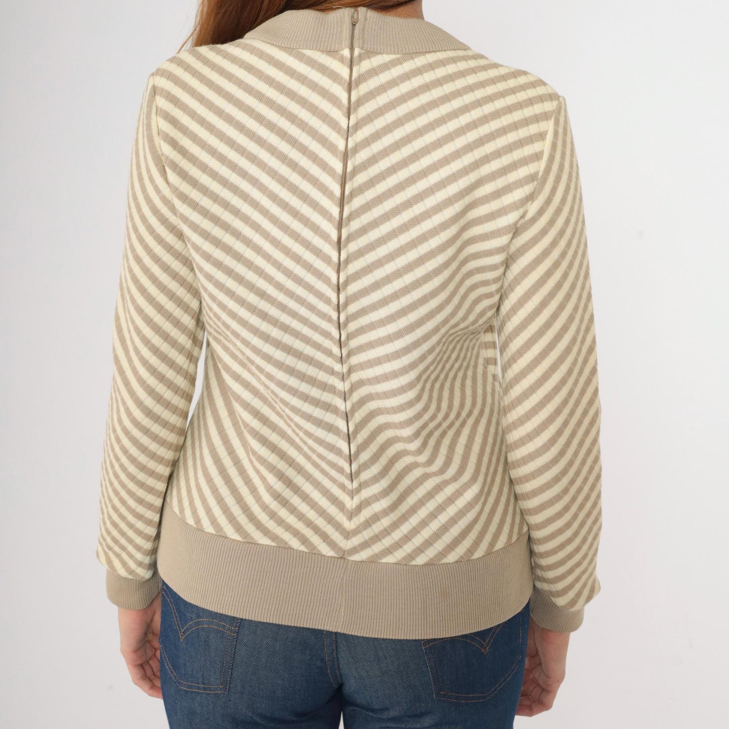 70s Tan Chevron Striped V-Neck Sweater Wool Blend Knit Small Medium