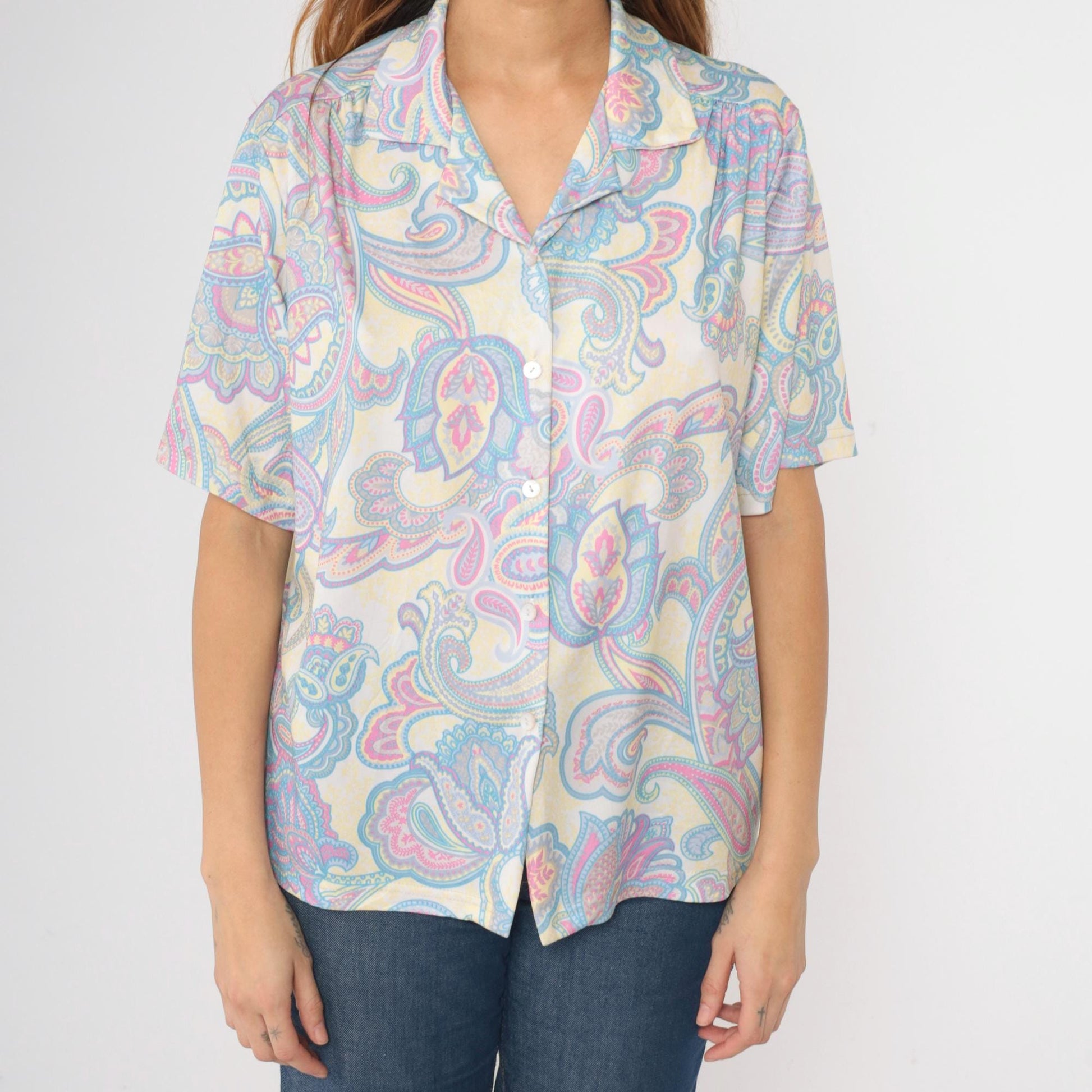 Y2K Paisley Button-Up Blouse Psychedelic Print Short Sleeve Top Large L