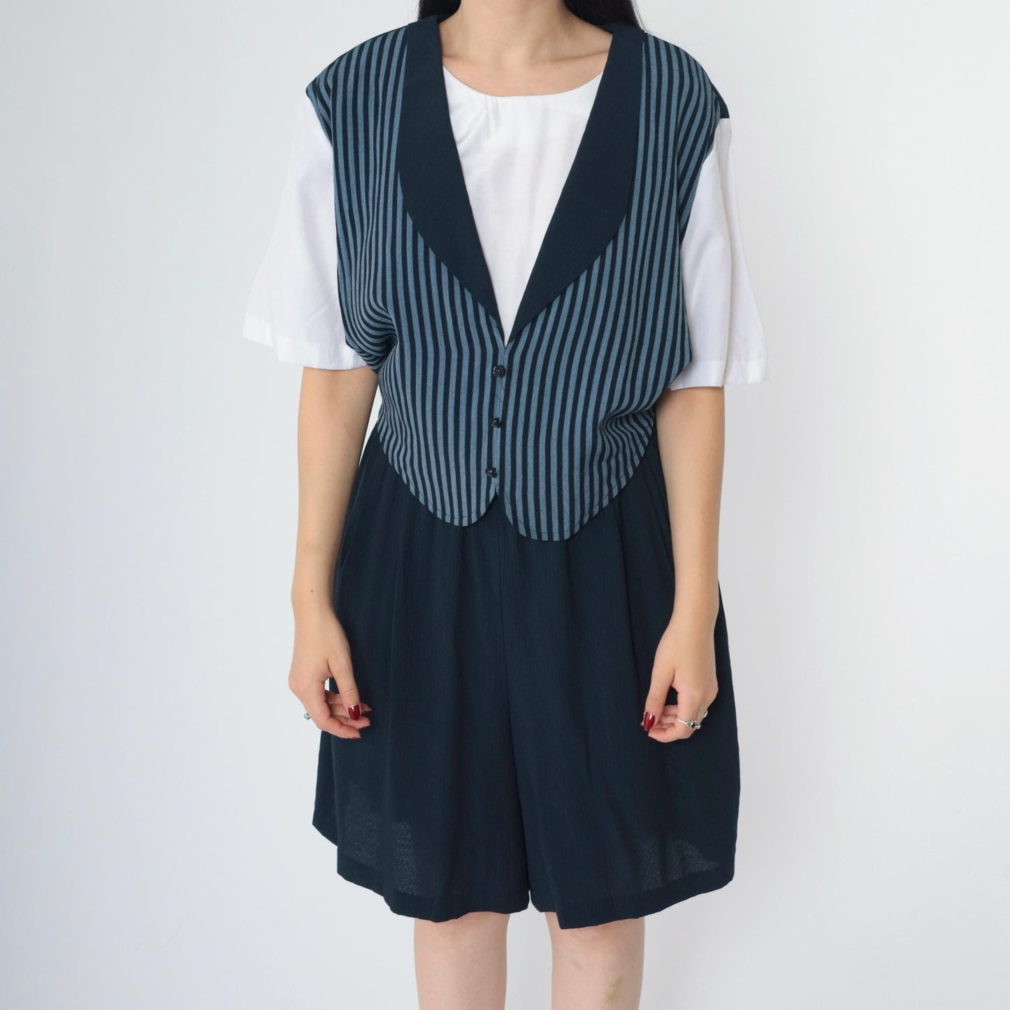 90s Navy Striped Vest Romper Wide Leg Shorts Button Up Large L