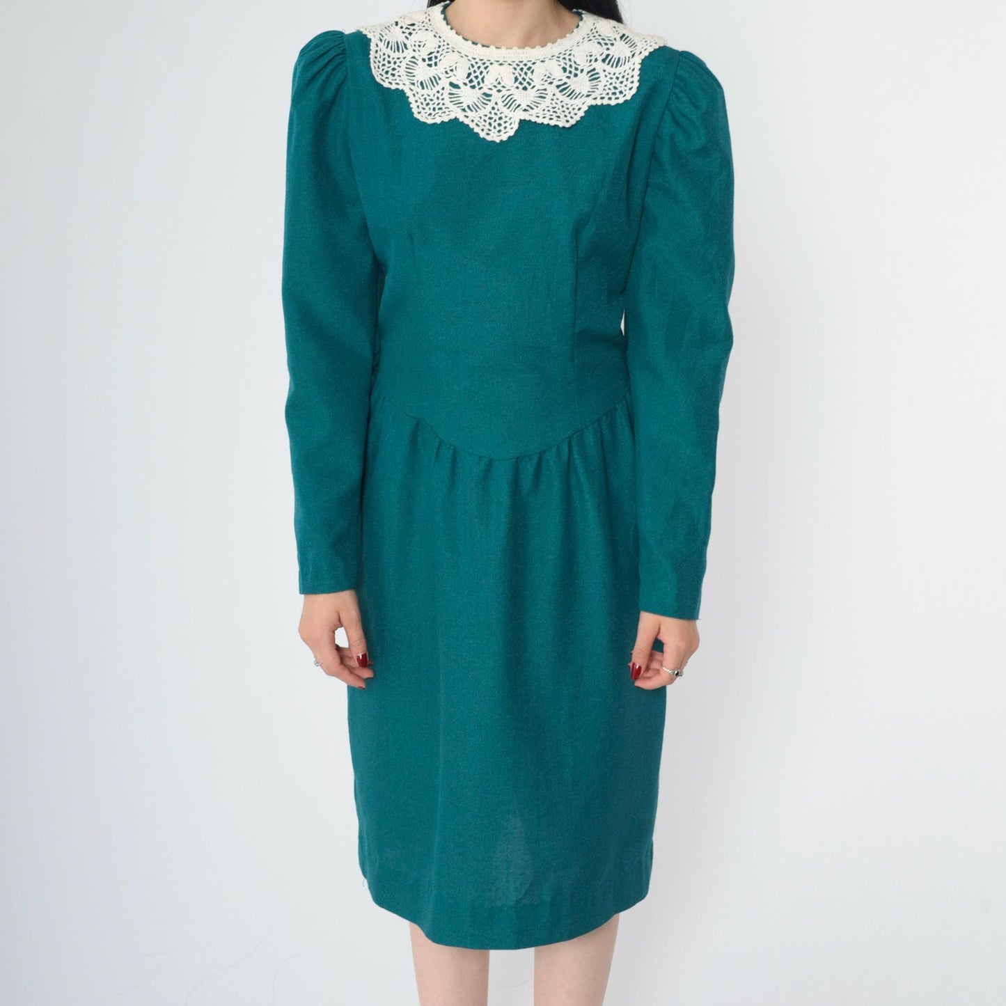 80s Teal Crochet Collar Puff Sleeve Midi Dress Pencil Skirt Small